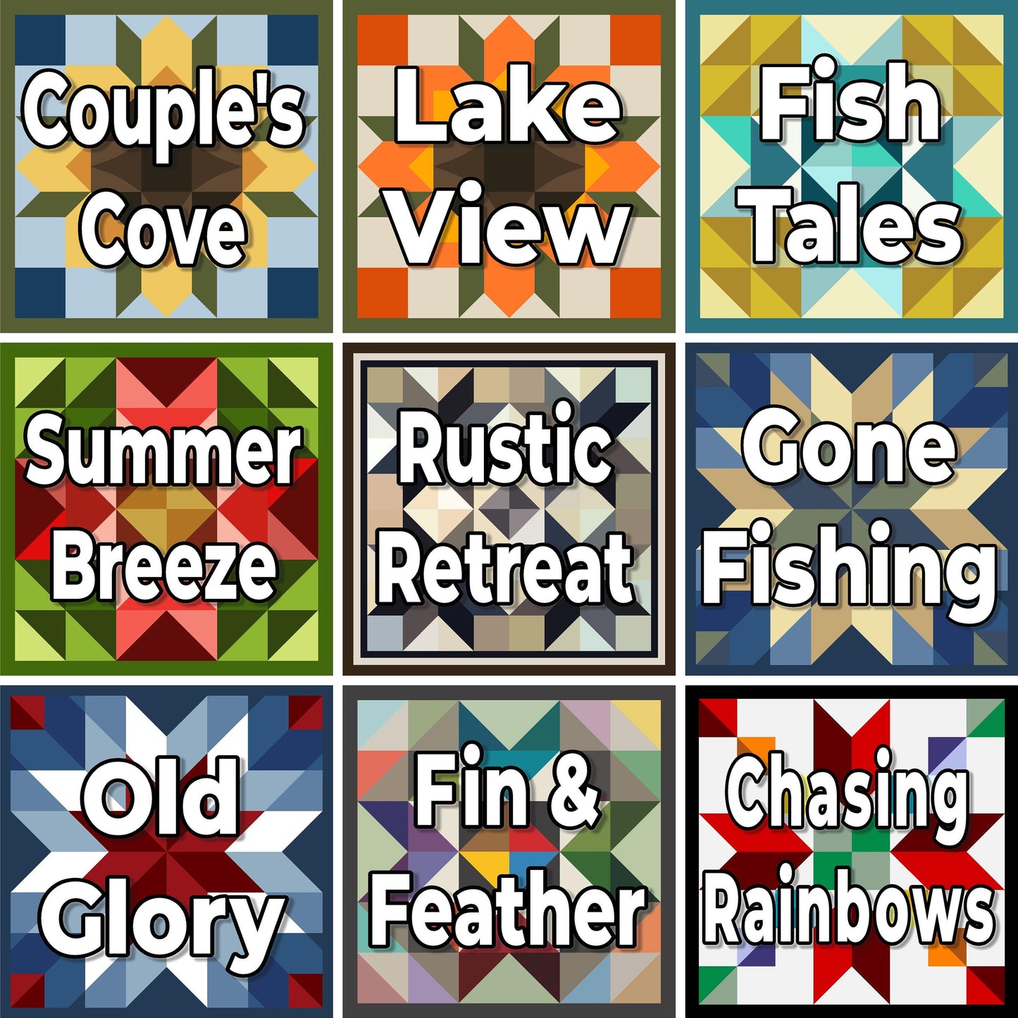 a collage of nine quilt blocks with words