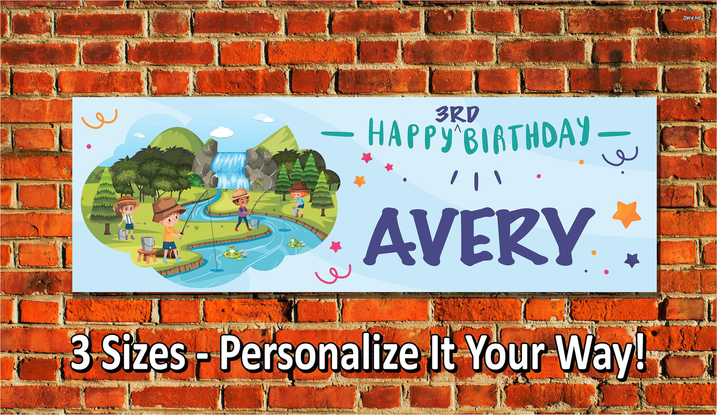 Birthday Banner, Children Fishing, 4 Sizes, Custom Personalized Vinyl Indoor/Outdoor Party Decoration, BB124