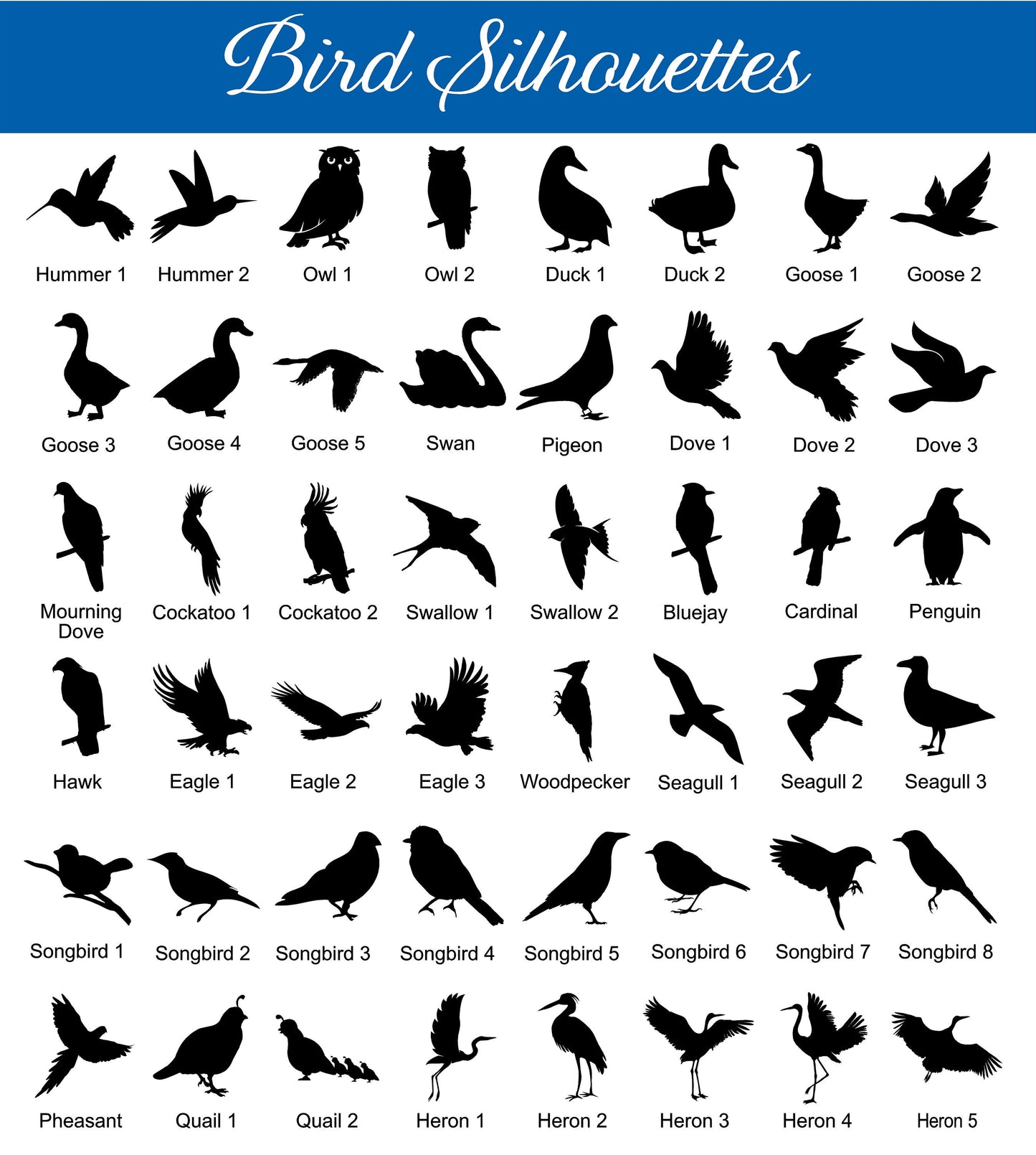 BIRD SILHOUETTES - 2 Sizes, Aluminum Composite Metal Cutout Never Rusts - Baked On Finish Lasts For Years