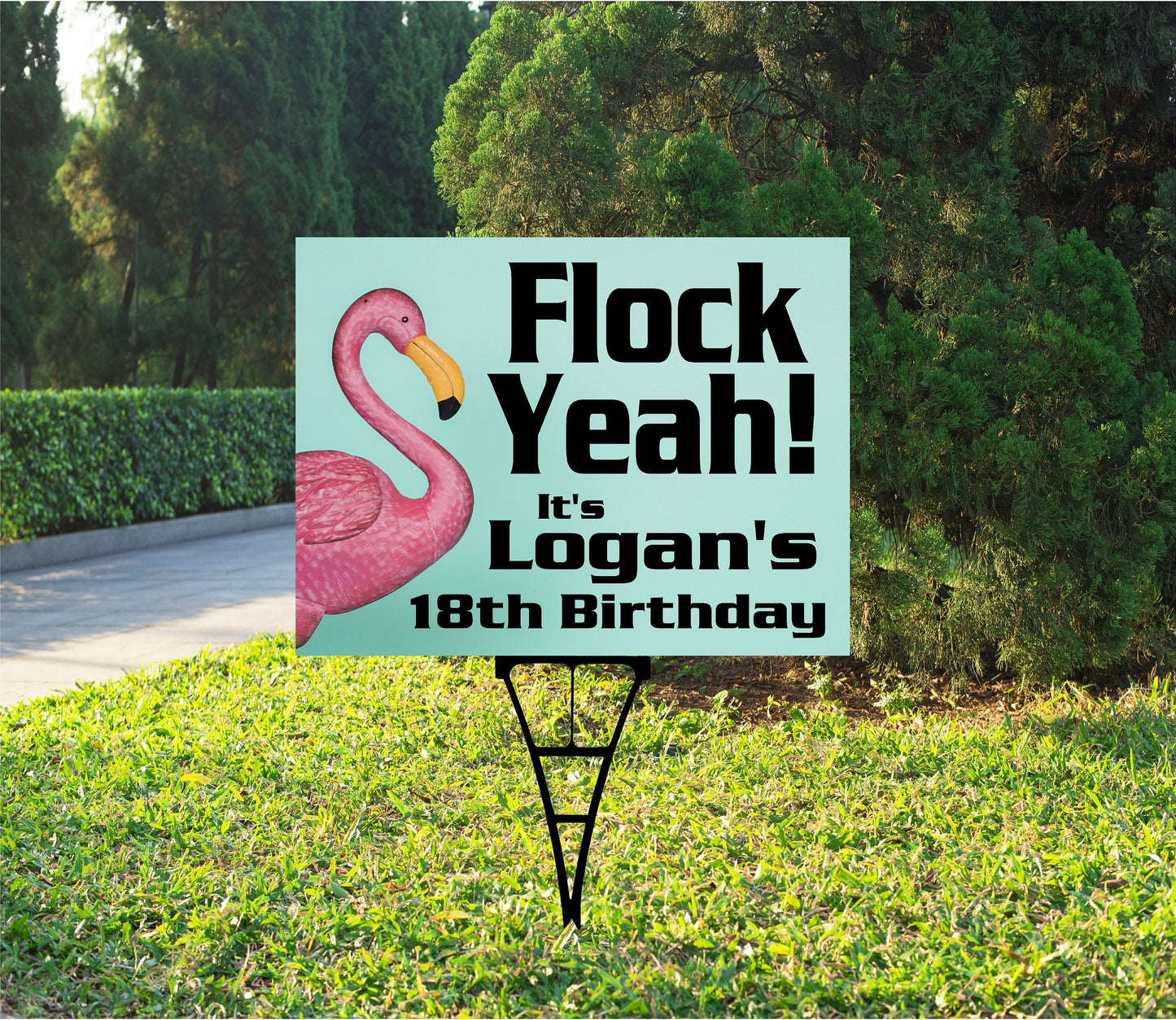 Birthday Yard Sign, What The Flock or Oh Flock or Flock Yeah - Pink Flamingo, Happy Birthday Outdoor, Corrugated Plastic, inc: stake, BS113