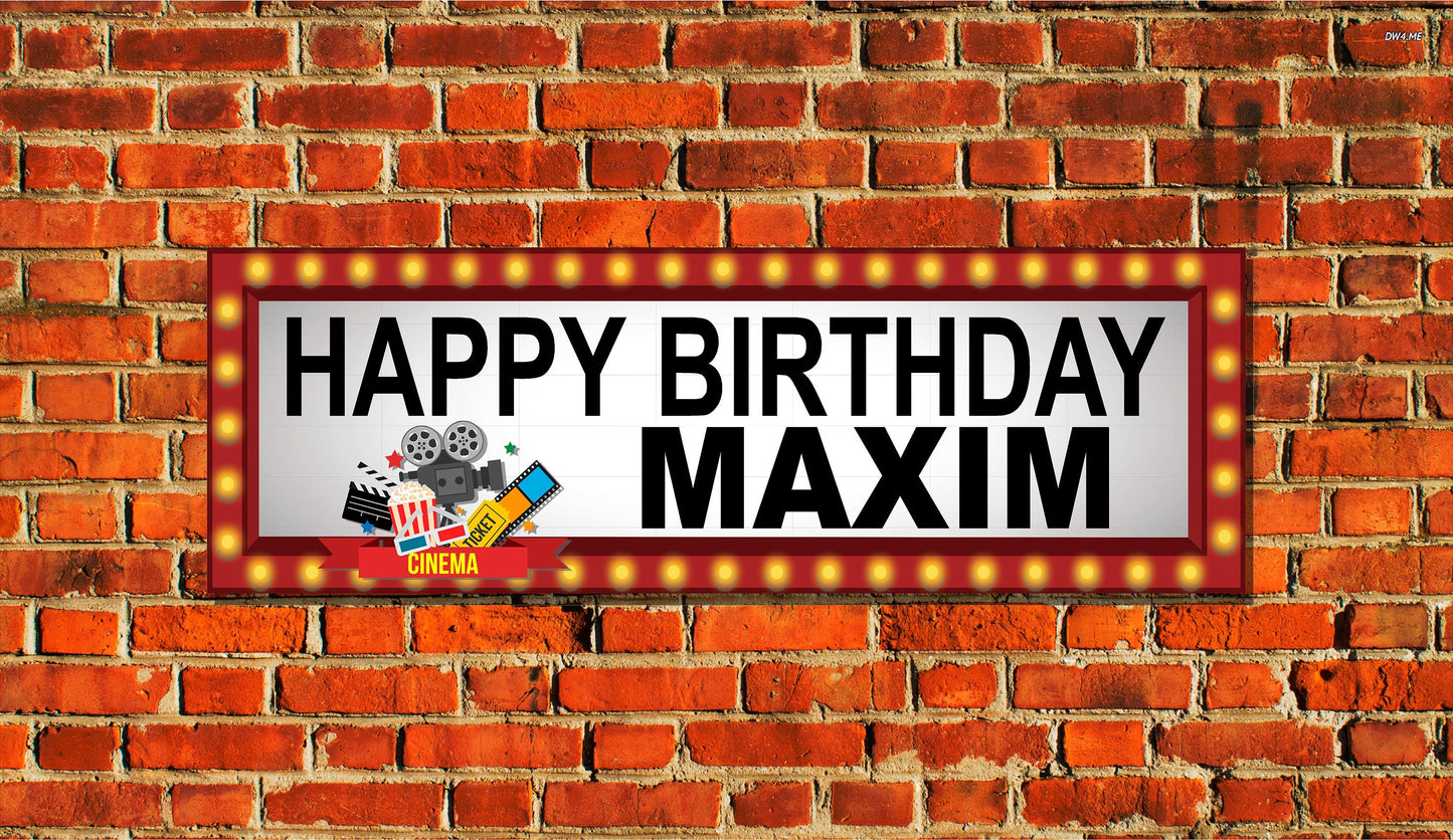 Birthday Banner, Movie Buff, Cinema Marquis, 4 Sizes, Custom Personalized Vinyl Indoor/Outdoor Party Decoration, BB127