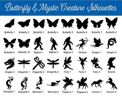 BUTTERFLY & MYSTIC CREATURE Silhouettes - 2 Sizes, Aluminum Composite Metal Cutout Never Rusts - Baked on Finish lasts for years and years
