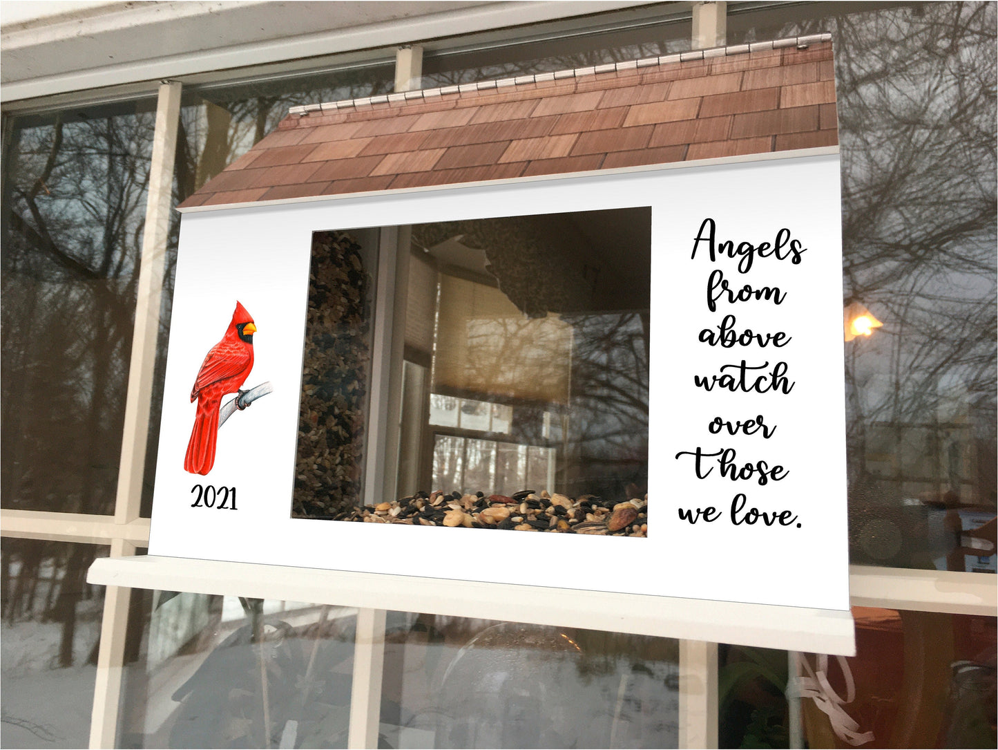 Cardinal Memorial Window Bird Feeder w/ Custom Year / Saying | Solid Building Grade PVC | Large Feed Hoppers | Lasts Years - View Through