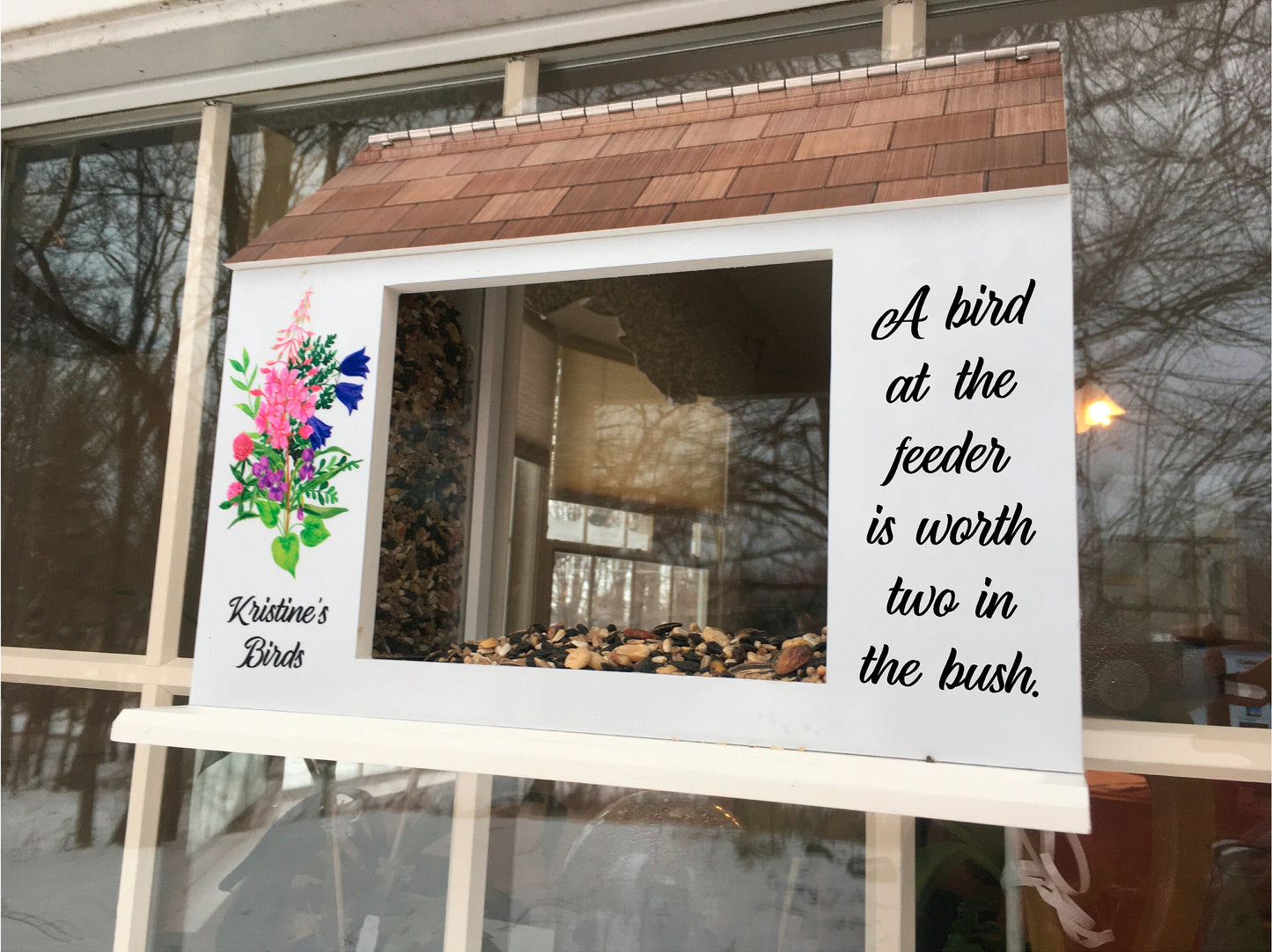 Deluxe Window Bird Feeder w/ Personalized Name, Saying and Beautiful Graphics | Solid Building Grade PVC Large Hoppers | Lasts Years