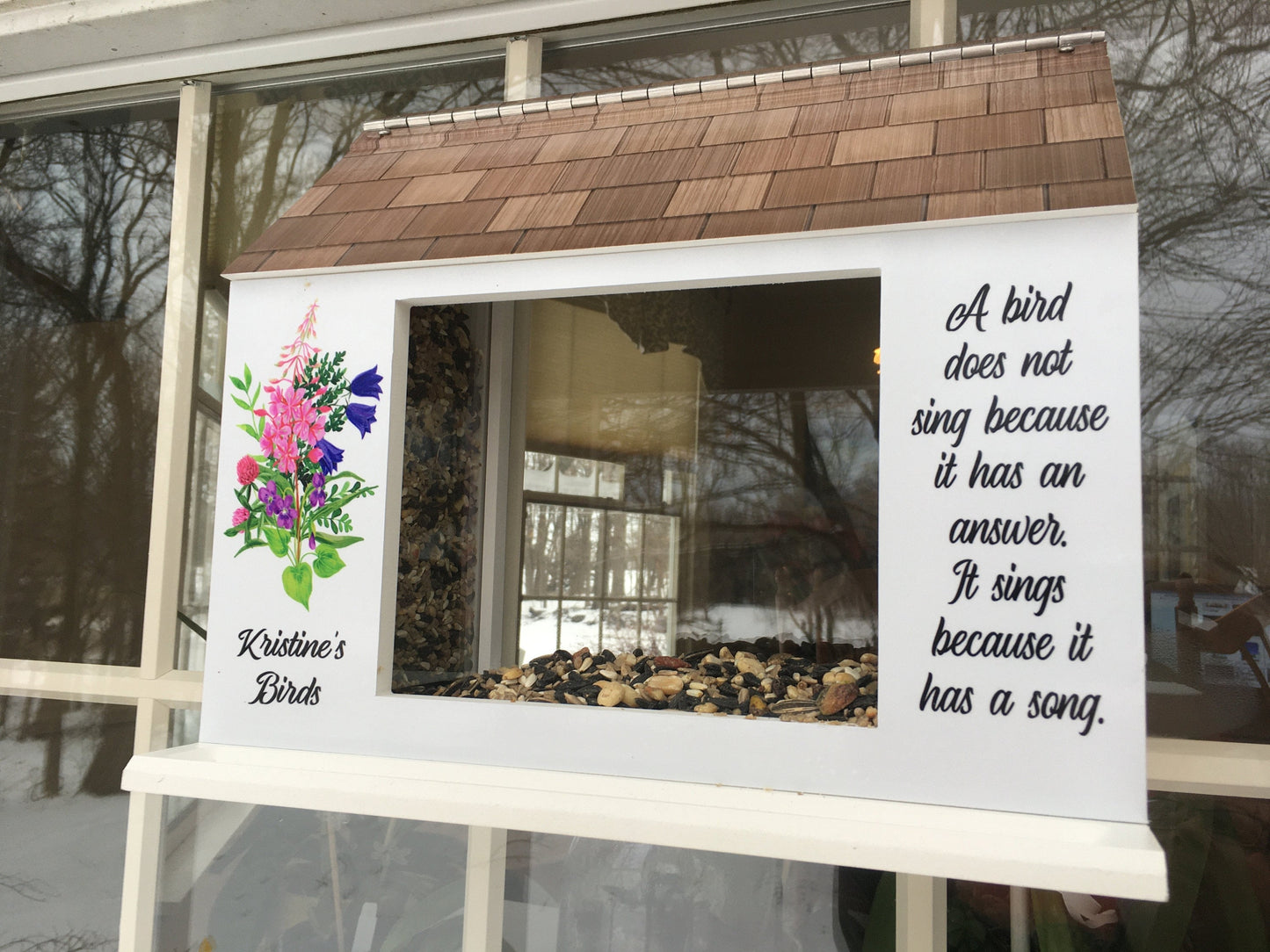 Deluxe Window Bird Feeder w/ Personalized Name, Saying and Beautiful Graphics | Solid Building Grade PVC Large Hoppers | Lasts Years