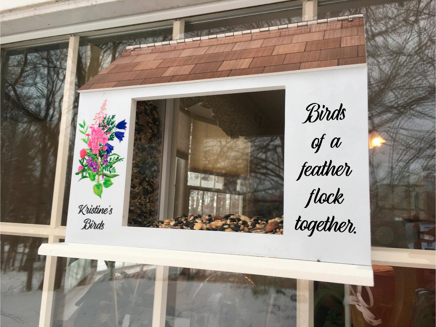 Deluxe Window Bird Feeder w/ Personalized Name, Saying and Beautiful Graphics | Solid Building Grade PVC Large Hoppers | Lasts Years