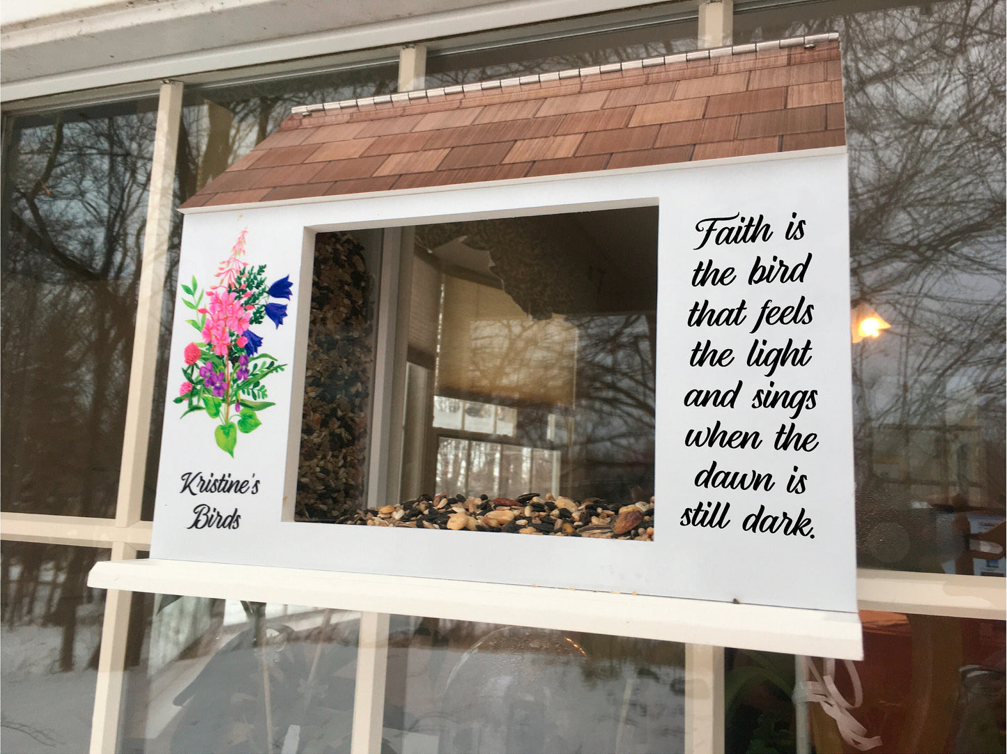 Deluxe Window Bird Feeder w/ Personalized Name, Saying and Beautiful Graphics | Solid Building Grade PVC Large Hoppers | Lasts Years