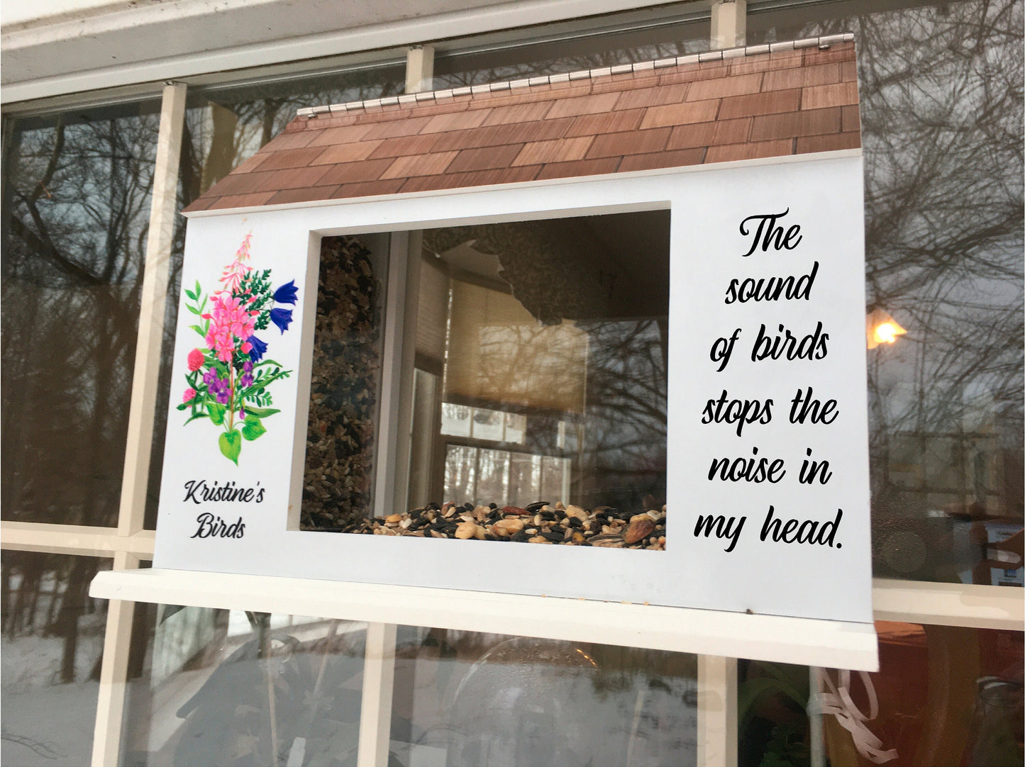 Deluxe Window Bird Feeder w/ Personalized Name, Saying and Beautiful Graphics | Solid Building Grade PVC Large Hoppers | Lasts Years