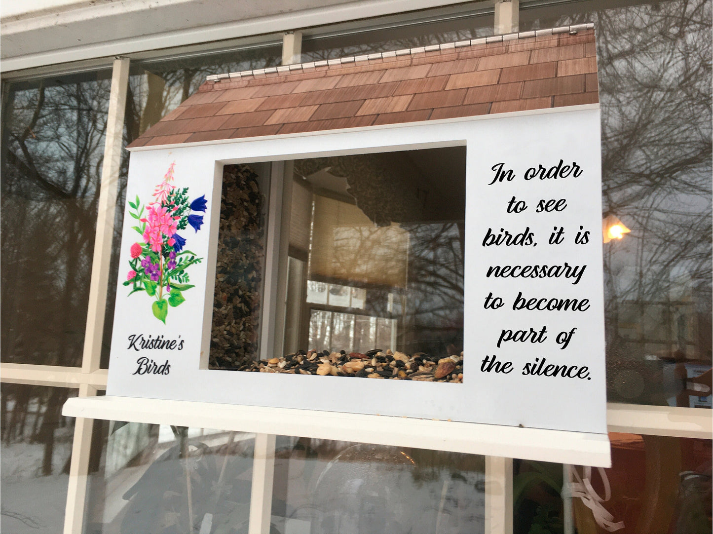 Deluxe Window Bird Feeder w/ Personalized Name, Saying and Beautiful Graphics | Solid Building Grade PVC Large Hoppers | Lasts Years