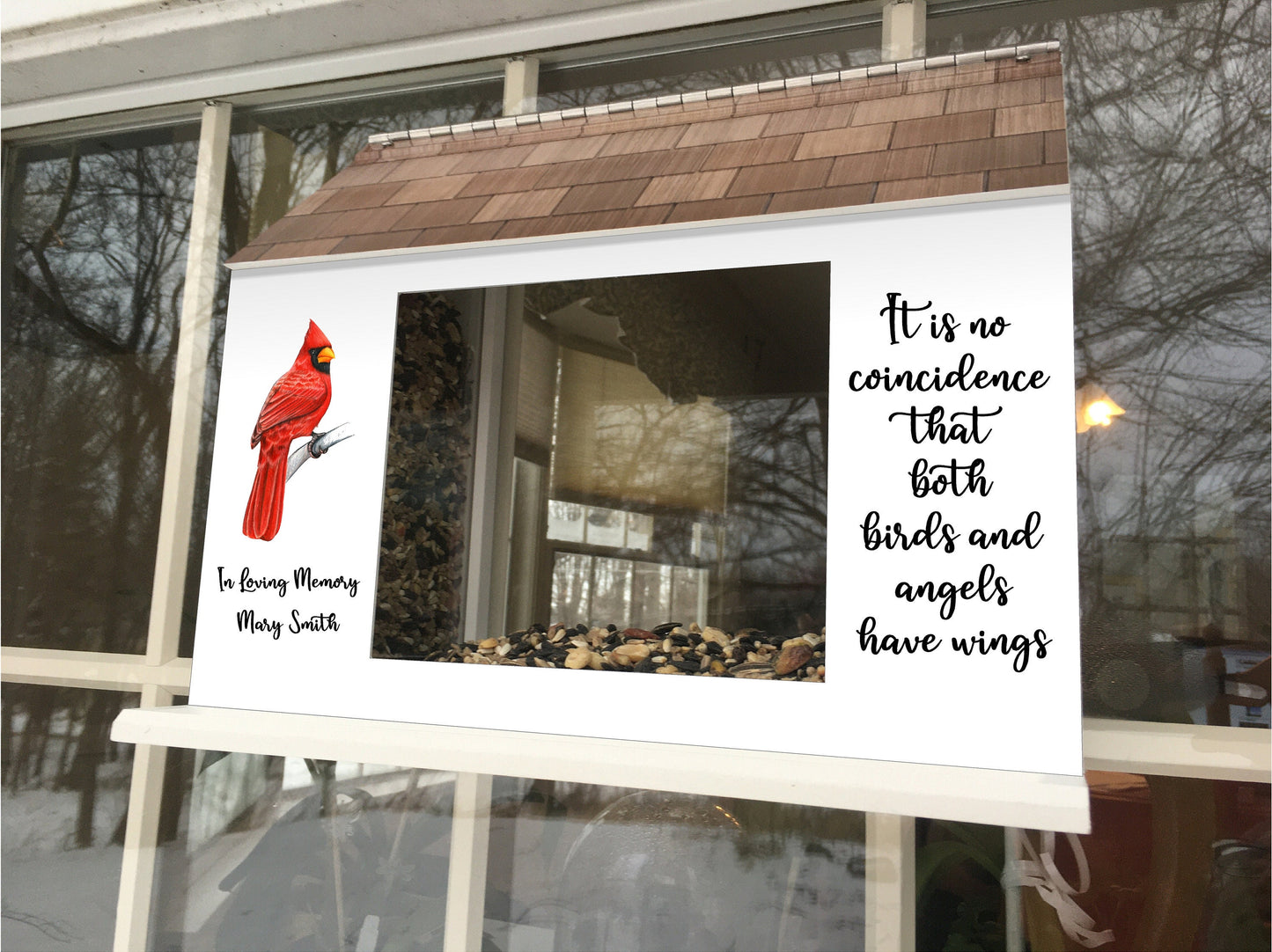 Cardinal Memorial Window Bird Feeder w/ Custom Year / Saying | Solid Building Grade PVC | Large Feed Hoppers | Lasts Years - View Through