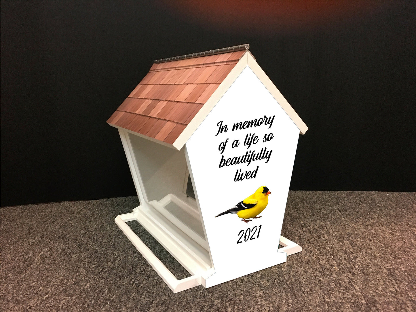 Favorite Bird Memorial Feeder w/Favorite Bird, Flower & Saying | Solid Building Grade PVC | Includes Multiple Mounting Options | Lasts Years