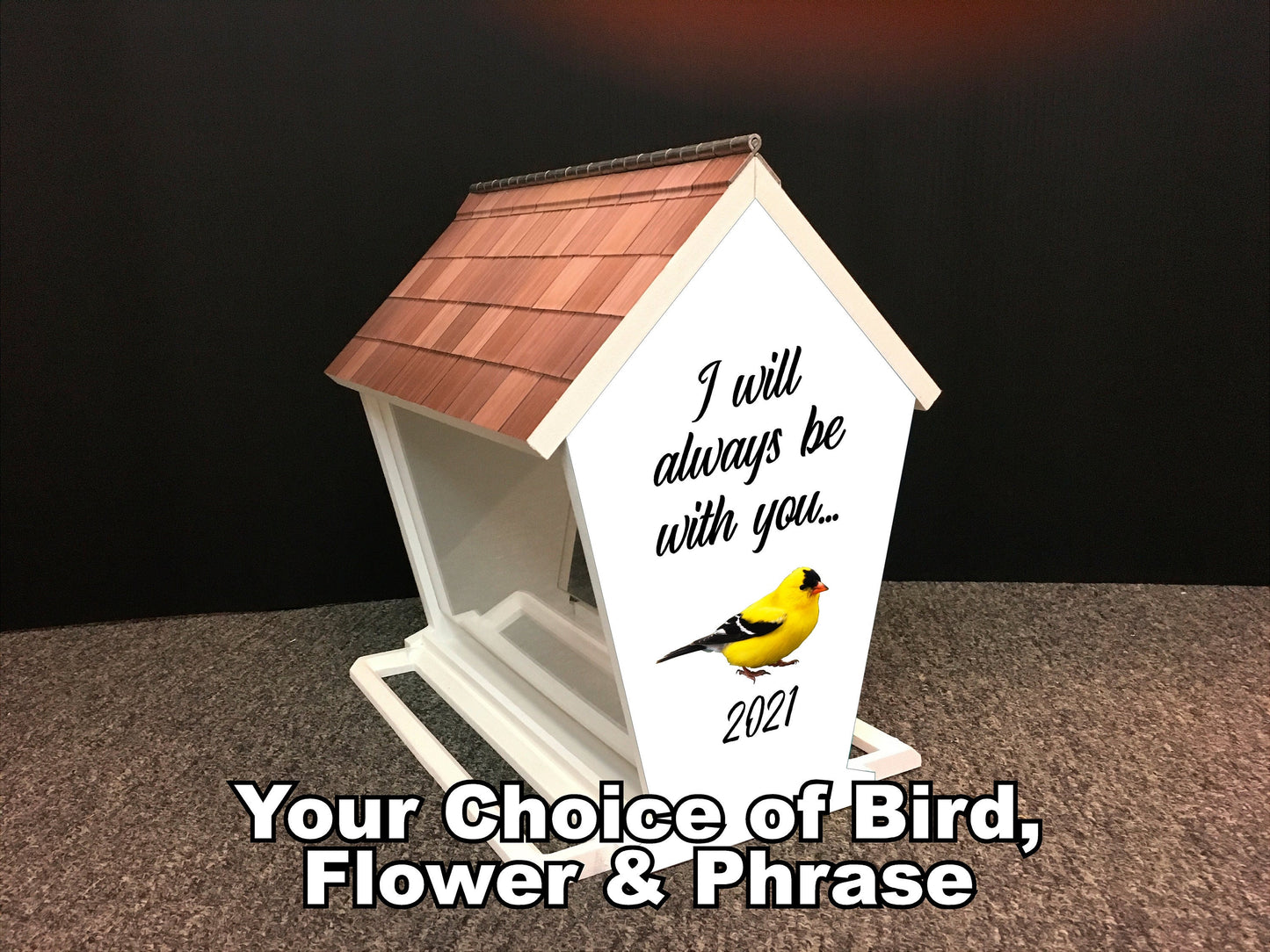 Favorite Bird Memorial Feeder w/Favorite Bird, Flower & Saying | Solid Building Grade PVC | Includes Multiple Mounting Options | Lasts Years