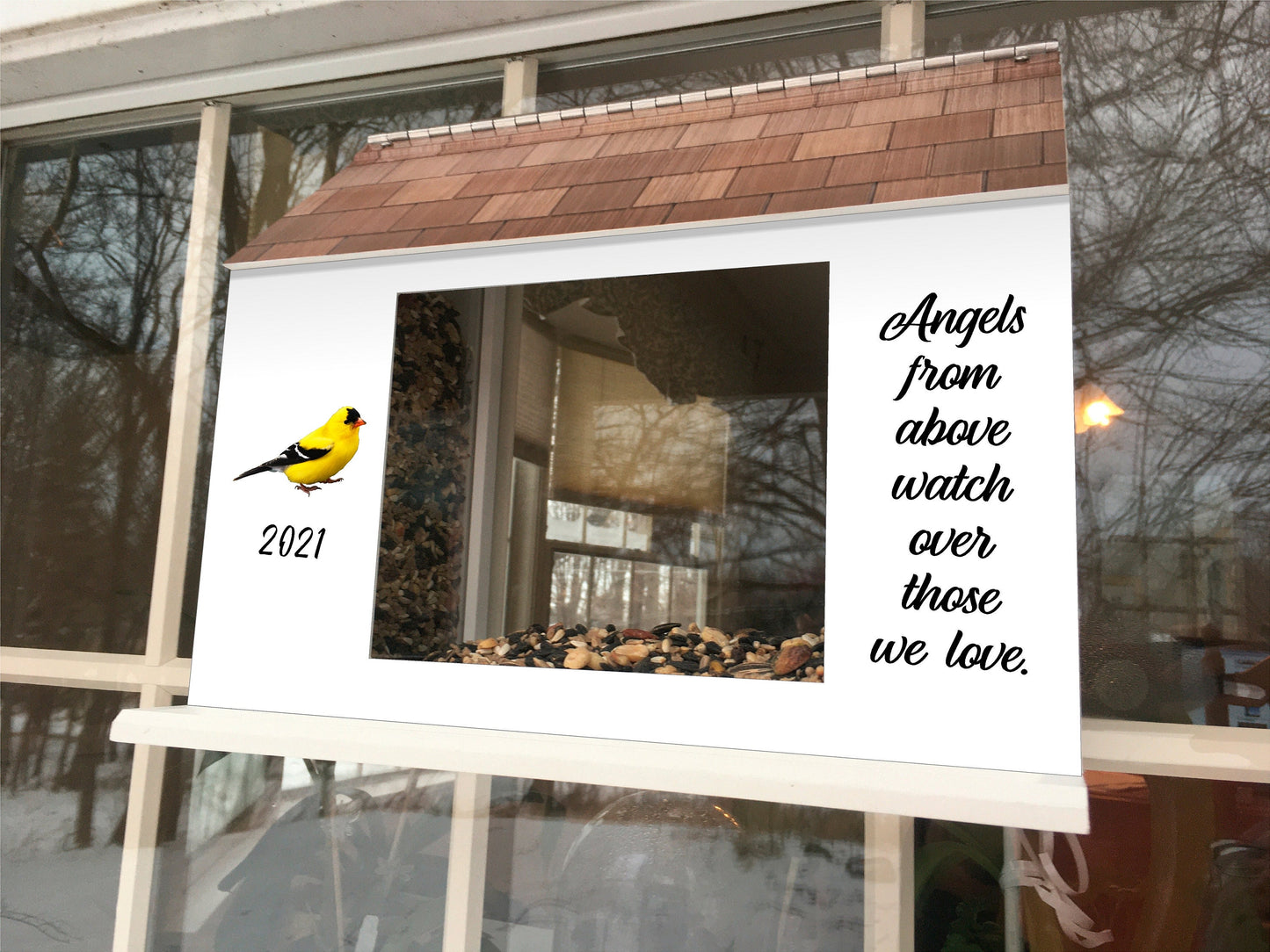 Favorite Bird Memorial Window Feeder w/ Custom Year / Saying | Solid Building Grade PVC | Large Feed Hoppers | Lasts Years - View Through