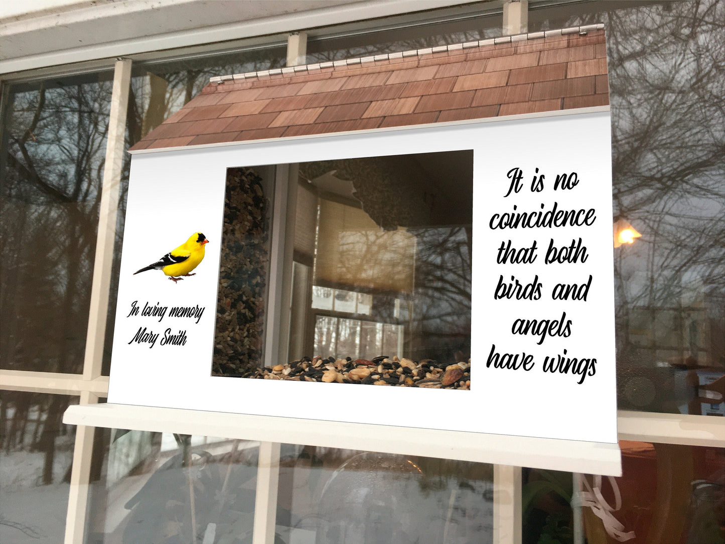 Favorite Bird Memorial Window Feeder w/ Custom Year / Saying | Solid Building Grade PVC | Large Feed Hoppers | Lasts Years - View Through