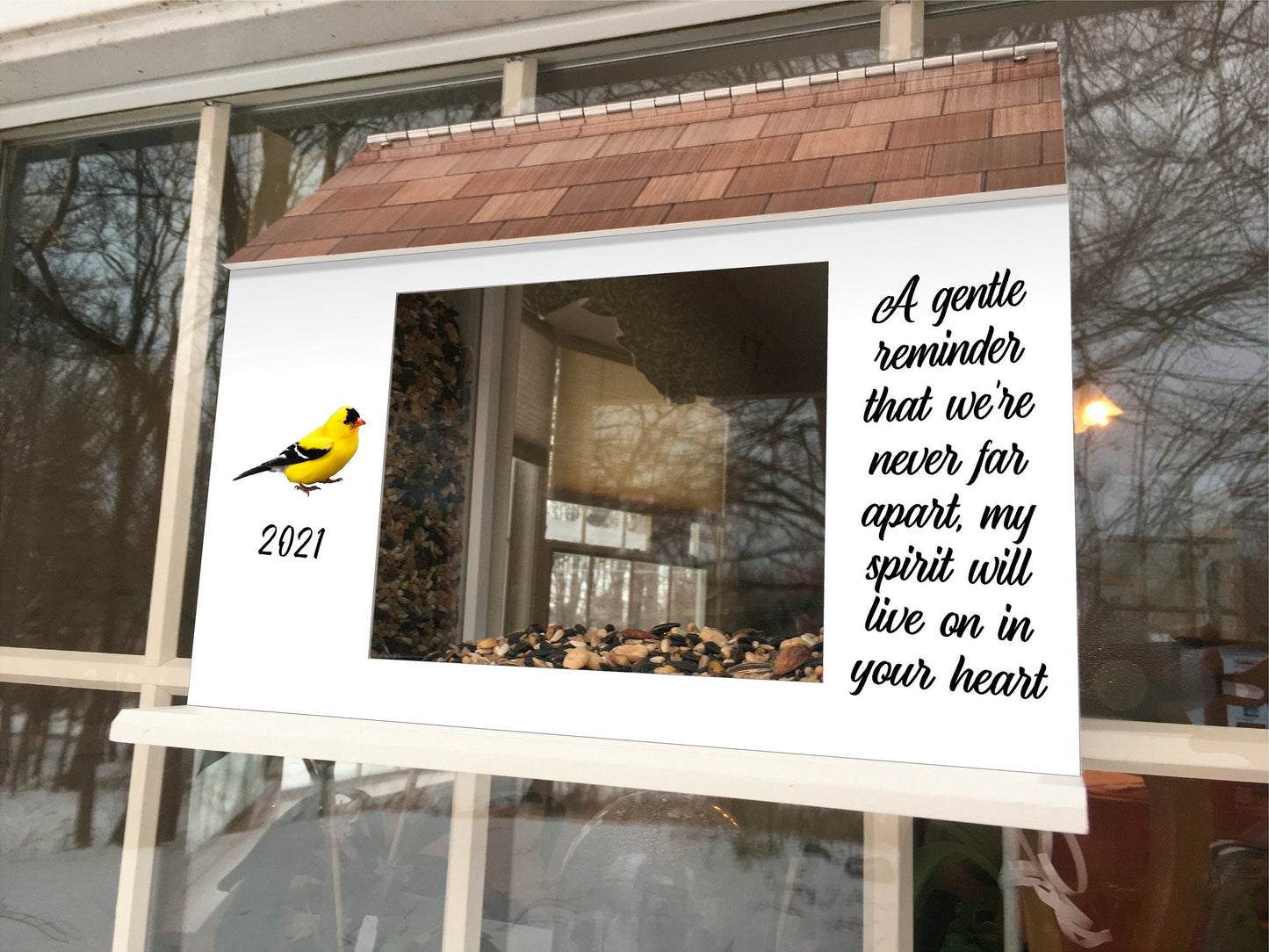 Favorite Bird Memorial Window Feeder w/ Custom Year / Saying | Solid Building Grade PVC | Large Feed Hoppers | Lasts Years - View Through