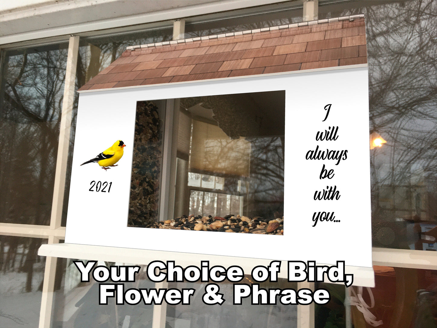 Favorite Bird Memorial Window Feeder w/ Custom Year / Saying | Solid Building Grade PVC | Large Feed Hoppers | Lasts Years - View Through