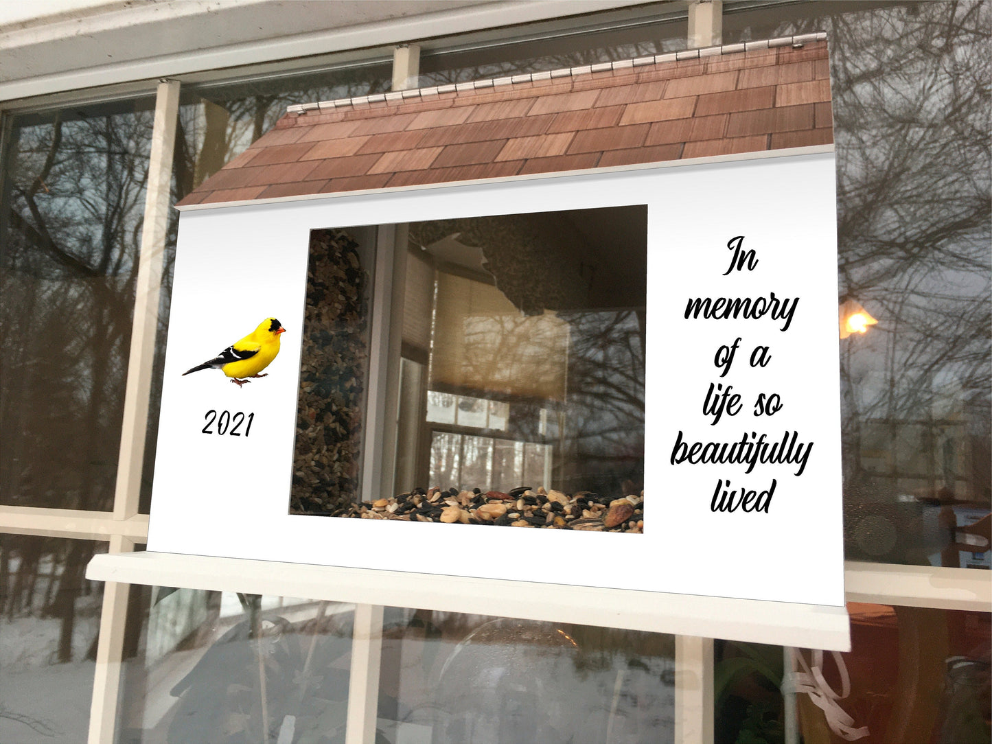 Favorite Bird Memorial Window Feeder w/ Custom Year / Saying | Solid Building Grade PVC | Large Feed Hoppers | Lasts Years - View Through