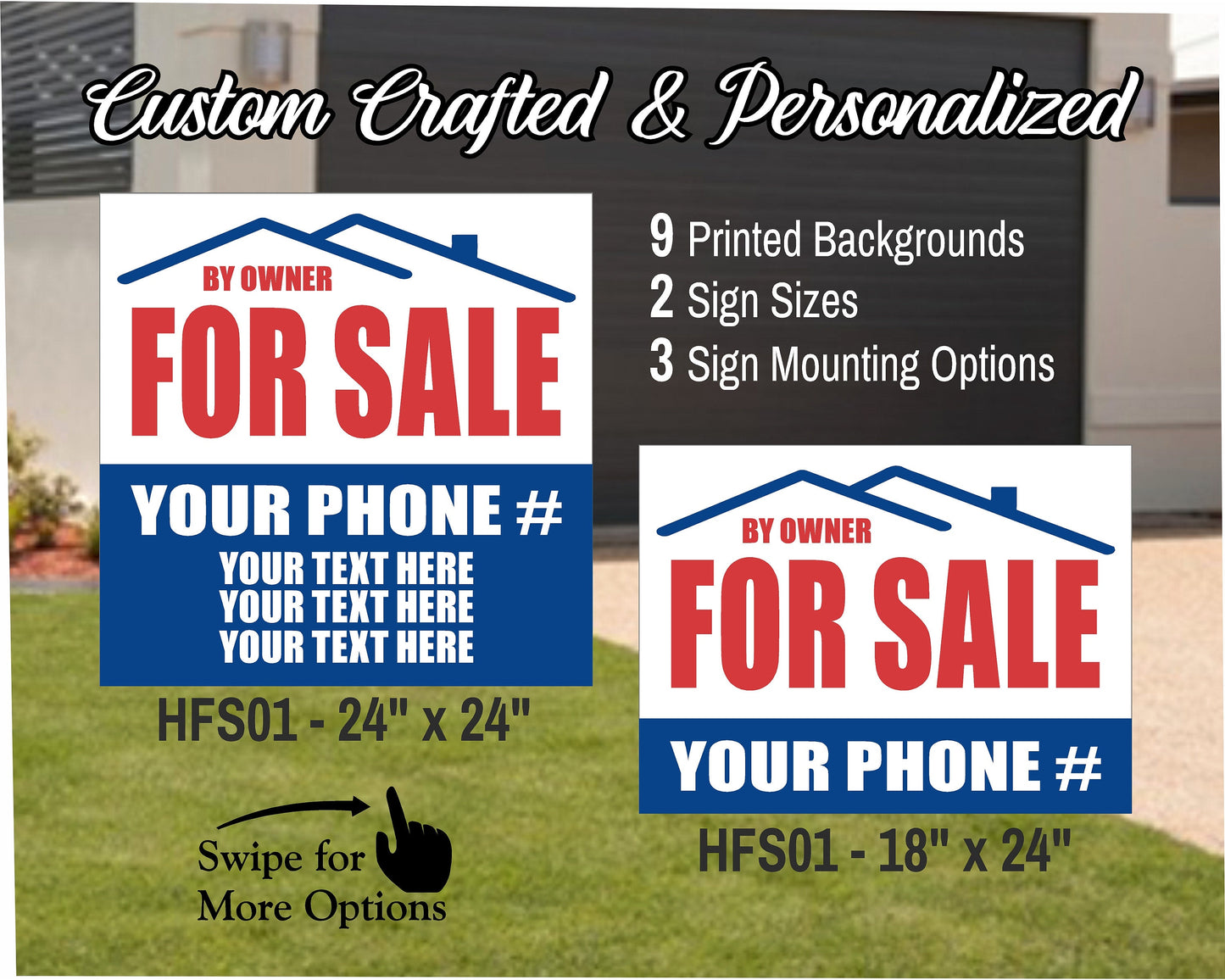 HOME FOR SALE By Owner Sign | Custom Real Estate Yard Sign | Custom Outdoor Lawn Listing Panel | 2 Sided | 9 Designs | 3 Mounting Options