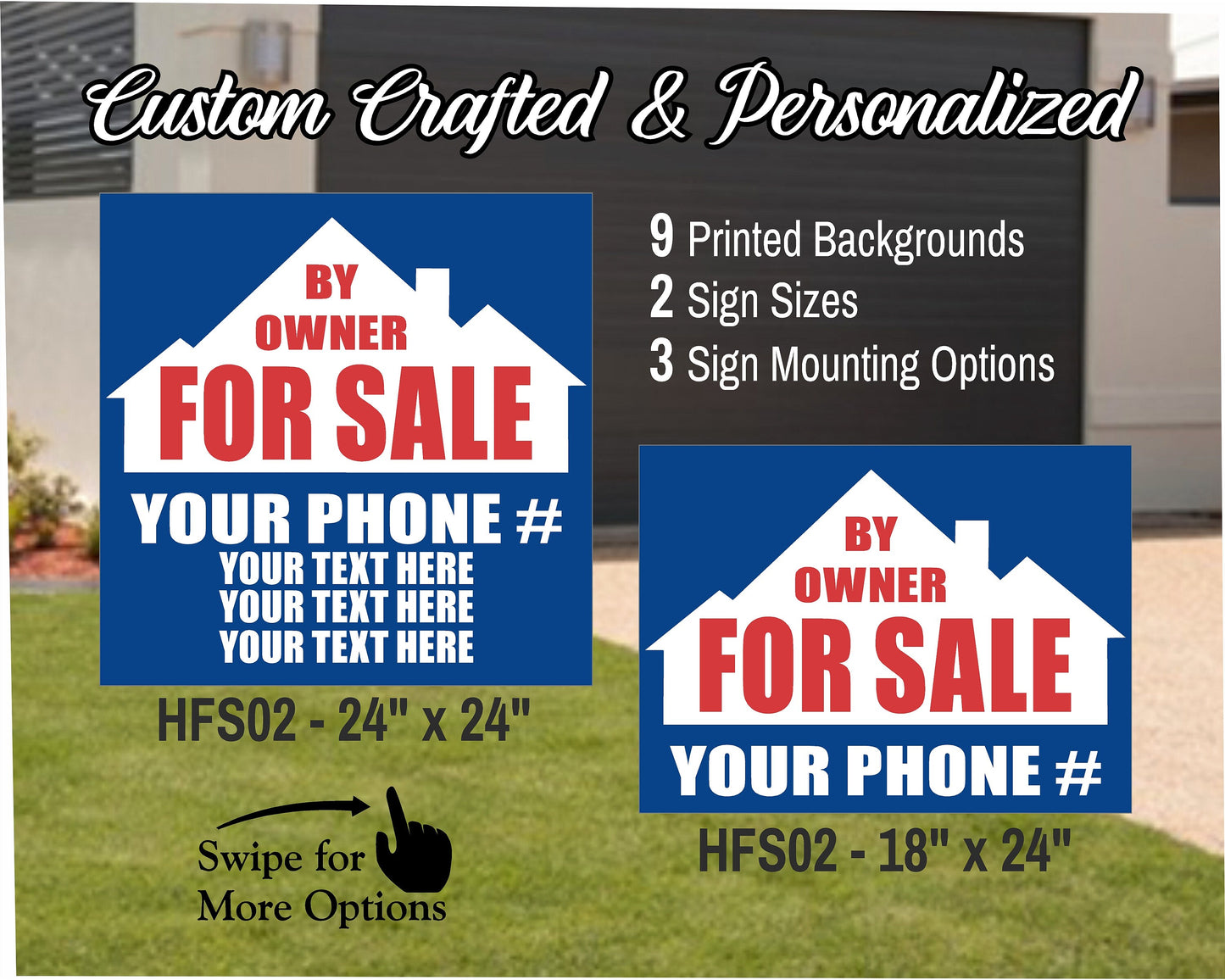 HOME FOR SALE By Owner Sign | Custom Real Estate Yard Sign | Custom Outdoor Lawn Listing Panel | 2 Sided | 9 Designs | 3 Mounting Options