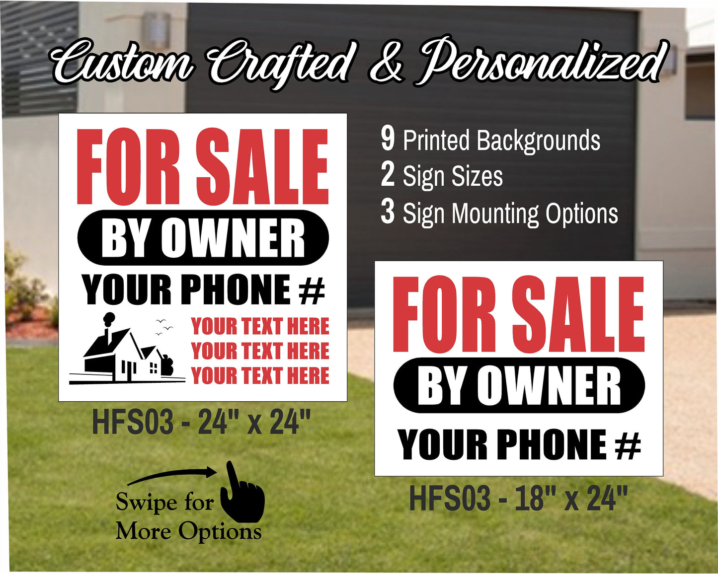 HOME FOR SALE By Owner Sign | Custom Real Estate Yard Sign | Custom Outdoor Lawn Listing Panel | 2 Sided | 9 Designs | 3 Mounting Options