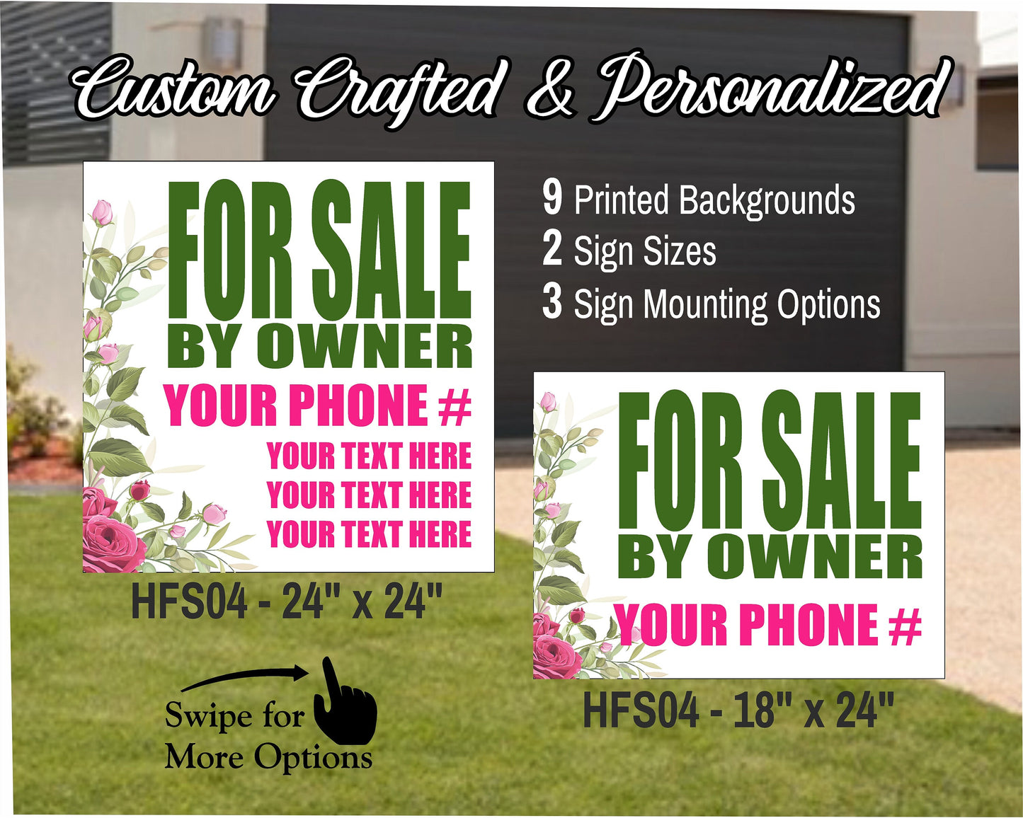 HOME FOR SALE By Owner Sign | Custom Real Estate Yard Sign | Custom Outdoor Lawn Listing Panel | 2 Sided | 9 Designs | 3 Mounting Options