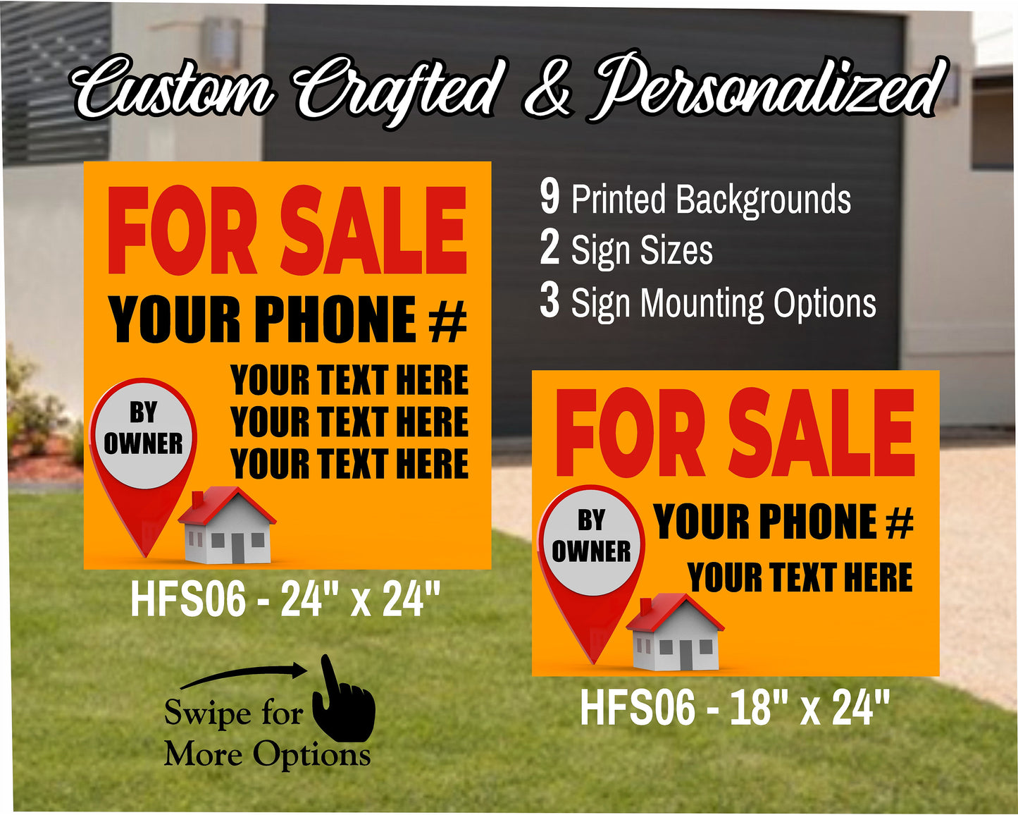 HOME FOR SALE By Owner Sign | Custom Real Estate Yard Sign | Custom Outdoor Lawn Listing Panel | 2 Sided | 9 Designs | 3 Mounting Options