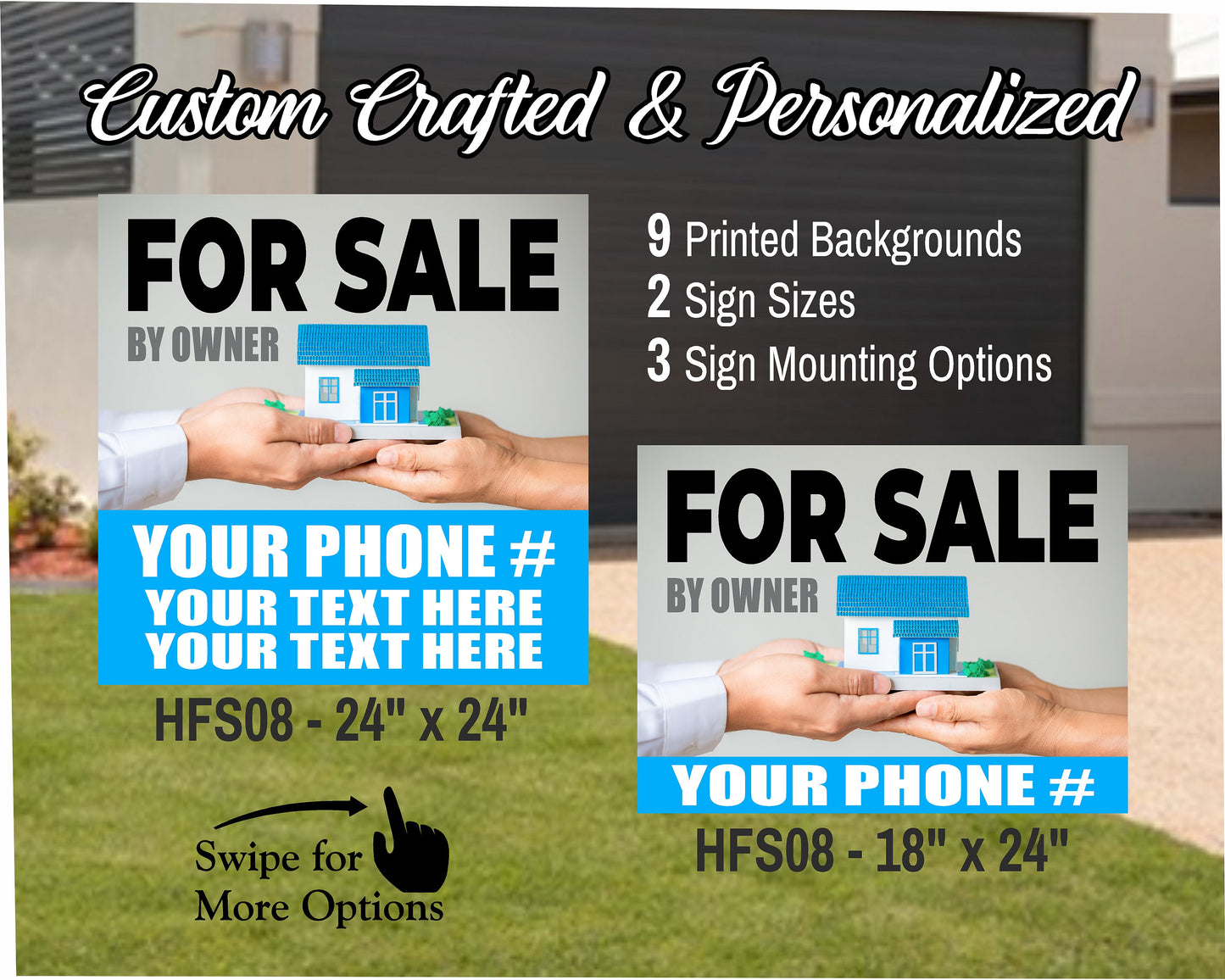 HOME FOR SALE By Owner Sign | Custom Real Estate Yard Sign | Custom Outdoor Lawn Listing Panel | 2 Sided | 9 Designs | 3 Mounting Options