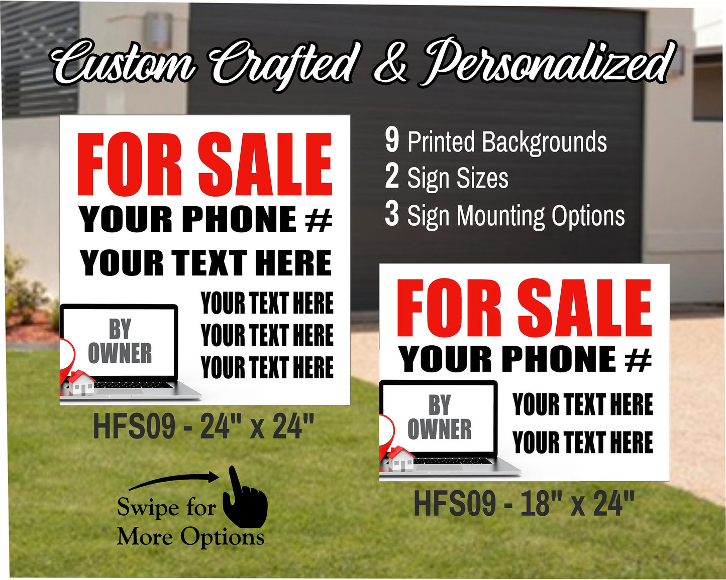 HOME FOR SALE By Owner Sign | Custom Real Estate Yard Sign | Custom Outdoor Lawn Listing Panel | 2 Sided | 9 Designs | 3 Mounting Options