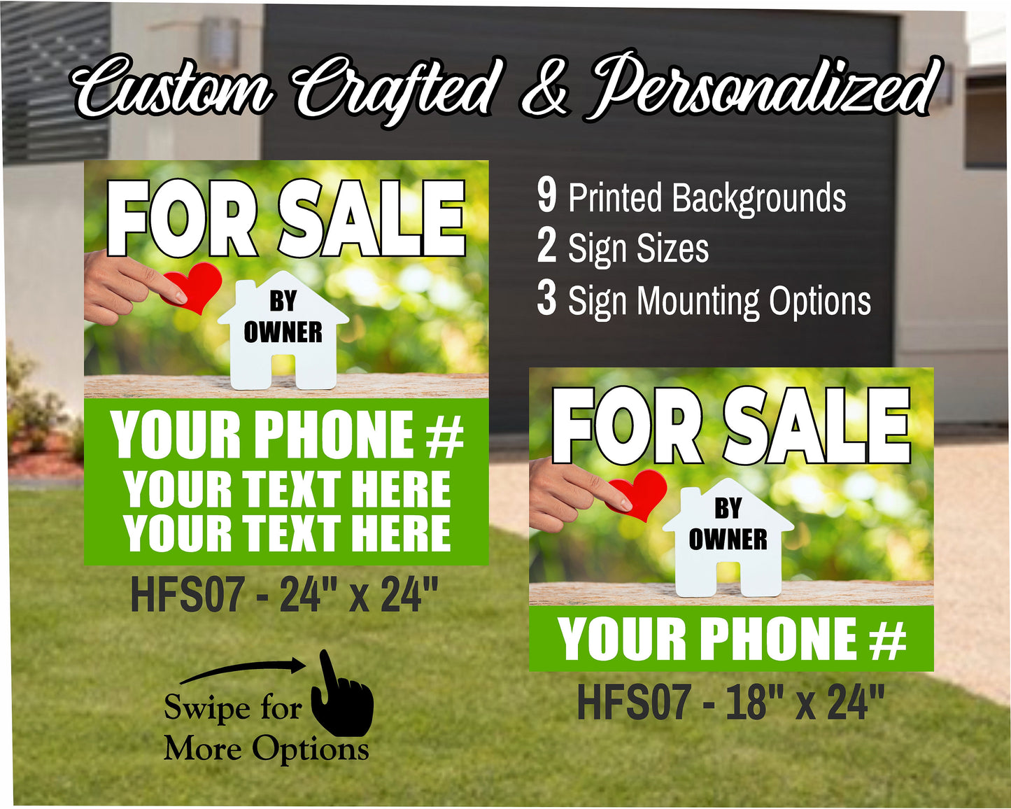 HOME FOR SALE By Owner Sign | Custom Real Estate Yard Sign | Custom Outdoor Lawn Listing Panel | 2 Sided | 9 Designs | 3 Mounting Options