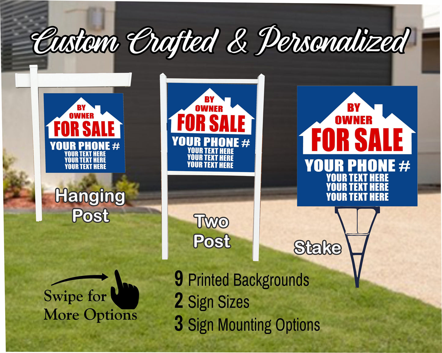 HOME FOR SALE By Owner Sign | Custom Real Estate Yard Sign | Custom Outdoor Lawn Listing Panel | 2 Sided | 9 Designs | 3 Mounting Options