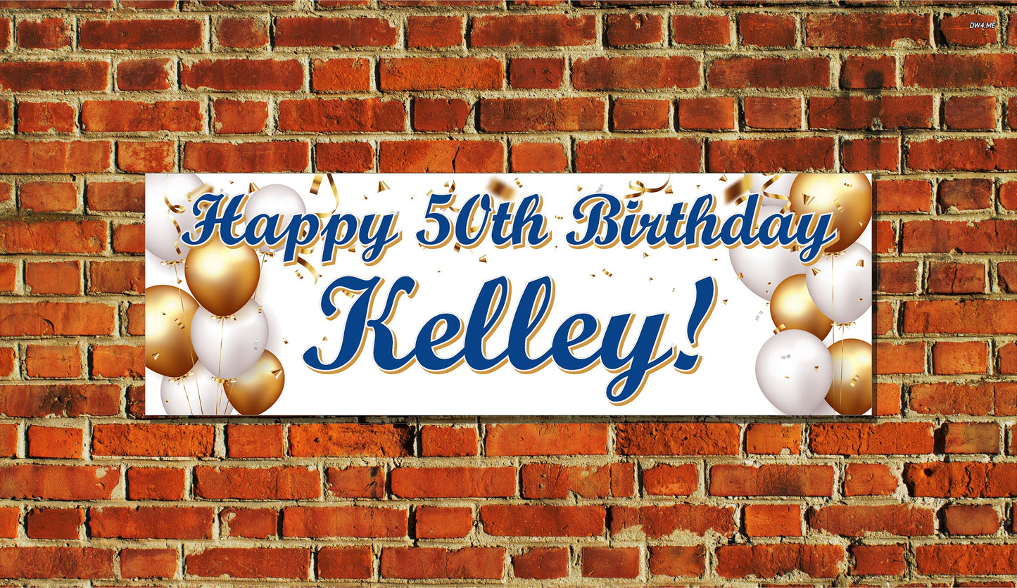 Happy Birthday Banner, White Gold Balloons, 4 Sizes - Beautiful, Color Popping, Party, Personalized, Boy, Girl, Man, Woman, BB141