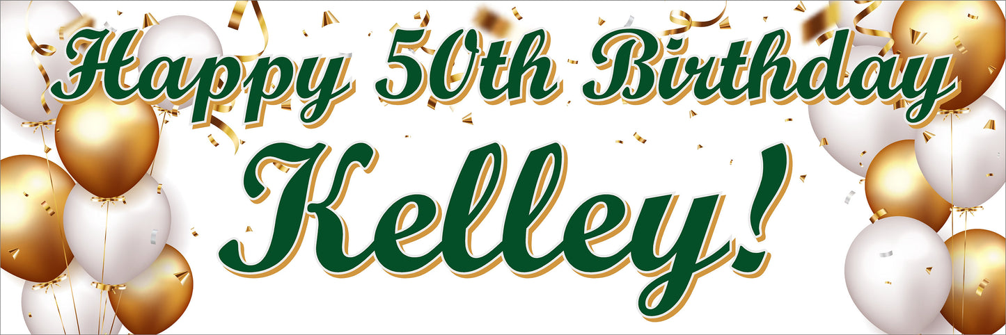 Happy Birthday Banner, White Gold Balloons, 4 Sizes - Beautiful, Color Popping, Party, Personalized, Boy, Girl, Man, Woman, BB141