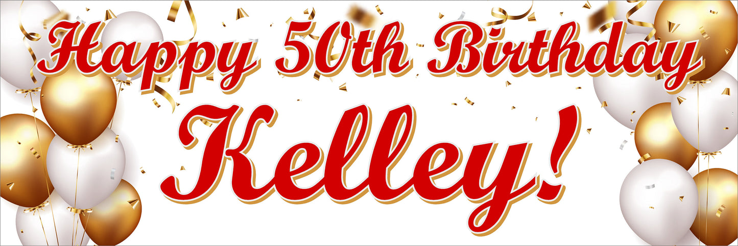 Happy Birthday Banner, White Gold Balloons, 4 Sizes - Beautiful, Color Popping, Party, Personalized, Boy, Girl, Man, Woman, BB141