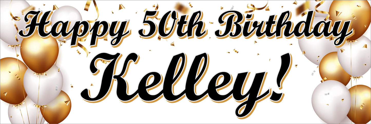 Happy Birthday Banner, White Gold Balloons, 4 Sizes - Beautiful, Color Popping, Party, Personalized, Boy, Girl, Man, Woman, BB141