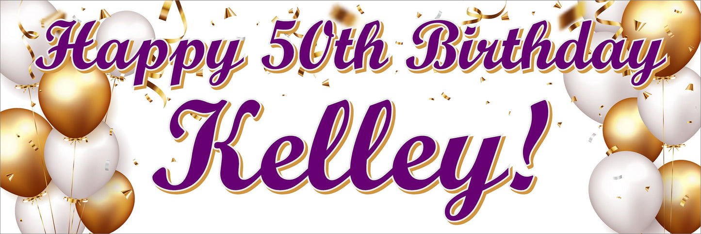 Happy Birthday Banner, White Gold Balloons, 4 Sizes - Beautiful, Color Popping, Party, Personalized, Boy, Girl, Man, Woman, BB141