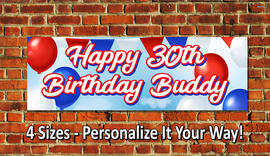 Birthday Banner, Balloons Red White Blue, 4 Sizes, Custom Personalized Vinyl Indoor/Outdoor Party Decoration, BB139