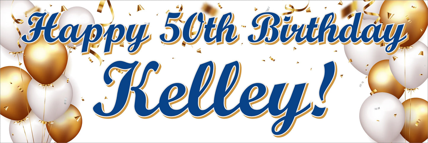 Happy Birthday Banner, White Gold Balloons, 4 Sizes - Beautiful, Color Popping, Party, Personalized, Boy, Girl, Man, Woman, BB141