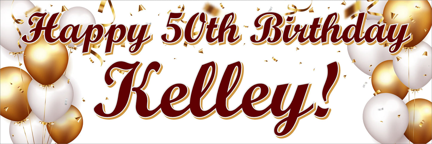 Happy Birthday Banner, White Gold Balloons, 4 Sizes - Beautiful, Color Popping, Party, Personalized, Boy, Girl, Man, Woman, BB141