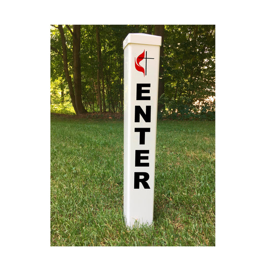 Enter Exit Sign Post, Includes Denomination Logo - 3 Sided Graphics - 24 Inch or 36 Inch pvc - w/ Mounting Stake - No Need To Dig Hole