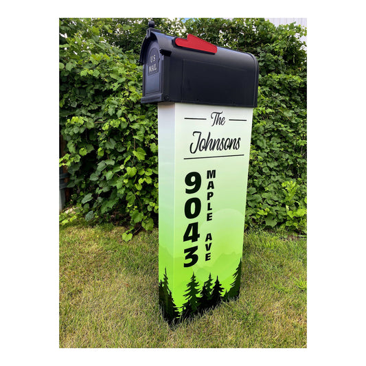 Wrapped Mailbox Post & Mailbox, Choice of Wrap Layouts, 2 sided, Personalized, Modern Column Style, beautiful, vibrant, lasts years