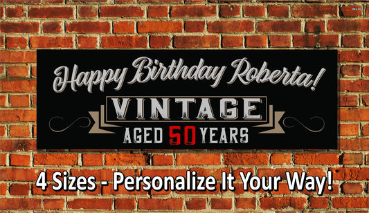 Birthday Banner, Vintage Centered Name, 4 Sizes, Custom Personalized Vinyl Indoor/Outdoor Party Decoration, BB143