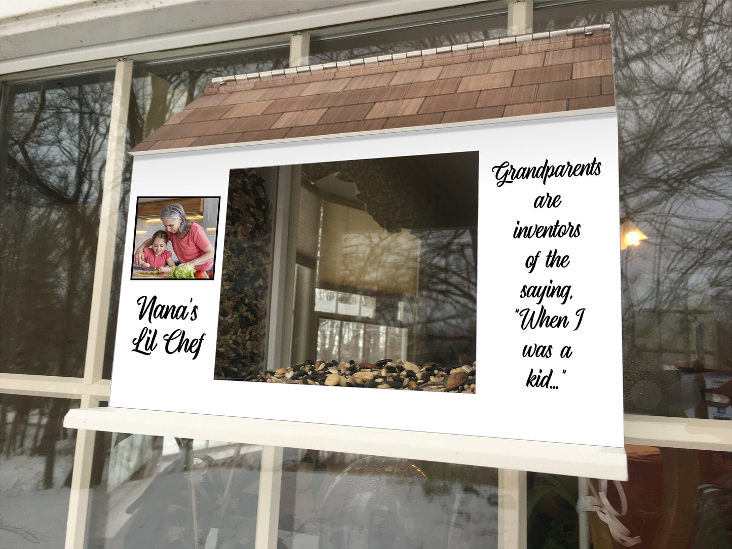 Grandparents BIRD FEEDER, Grandpa Grandma Nana, Window Mount, Choice of phrase and photo or stock graphic | Beautiful Long Lasting