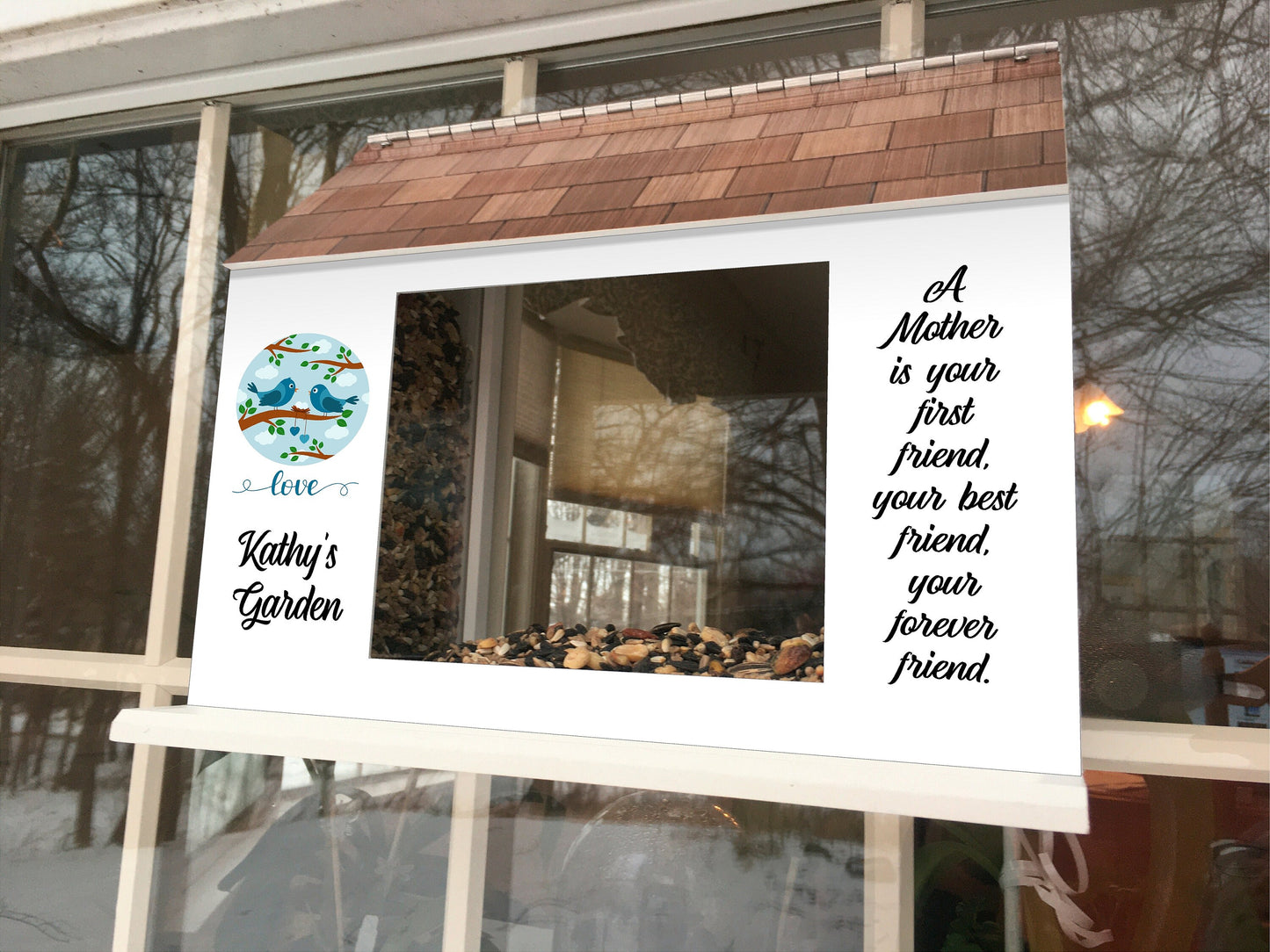 Mother's Day BIRD FEEDER, Personalized for Mom Mama, Window Mount View-Thru, w/Choice of phrase and graphic | Beautiful Long Lasting