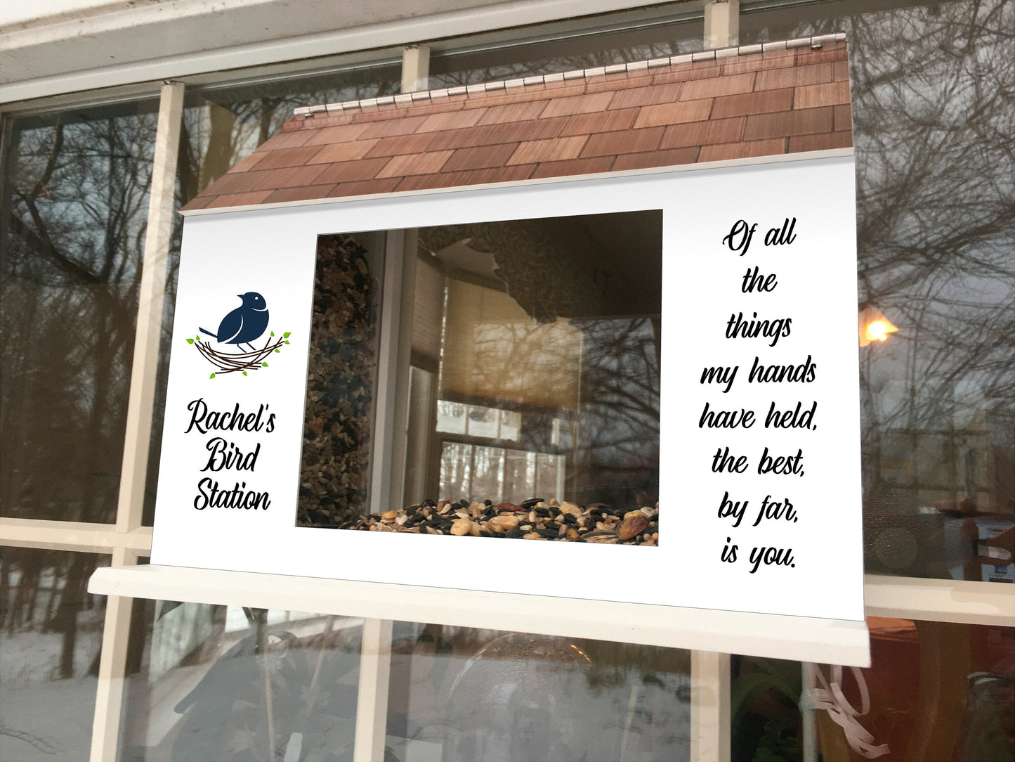 Mother's Day BIRD FEEDER, Personalized for Mom Mama, Window Mount View-Thru, w/Choice of phrase and graphic | Beautiful Long Lasting