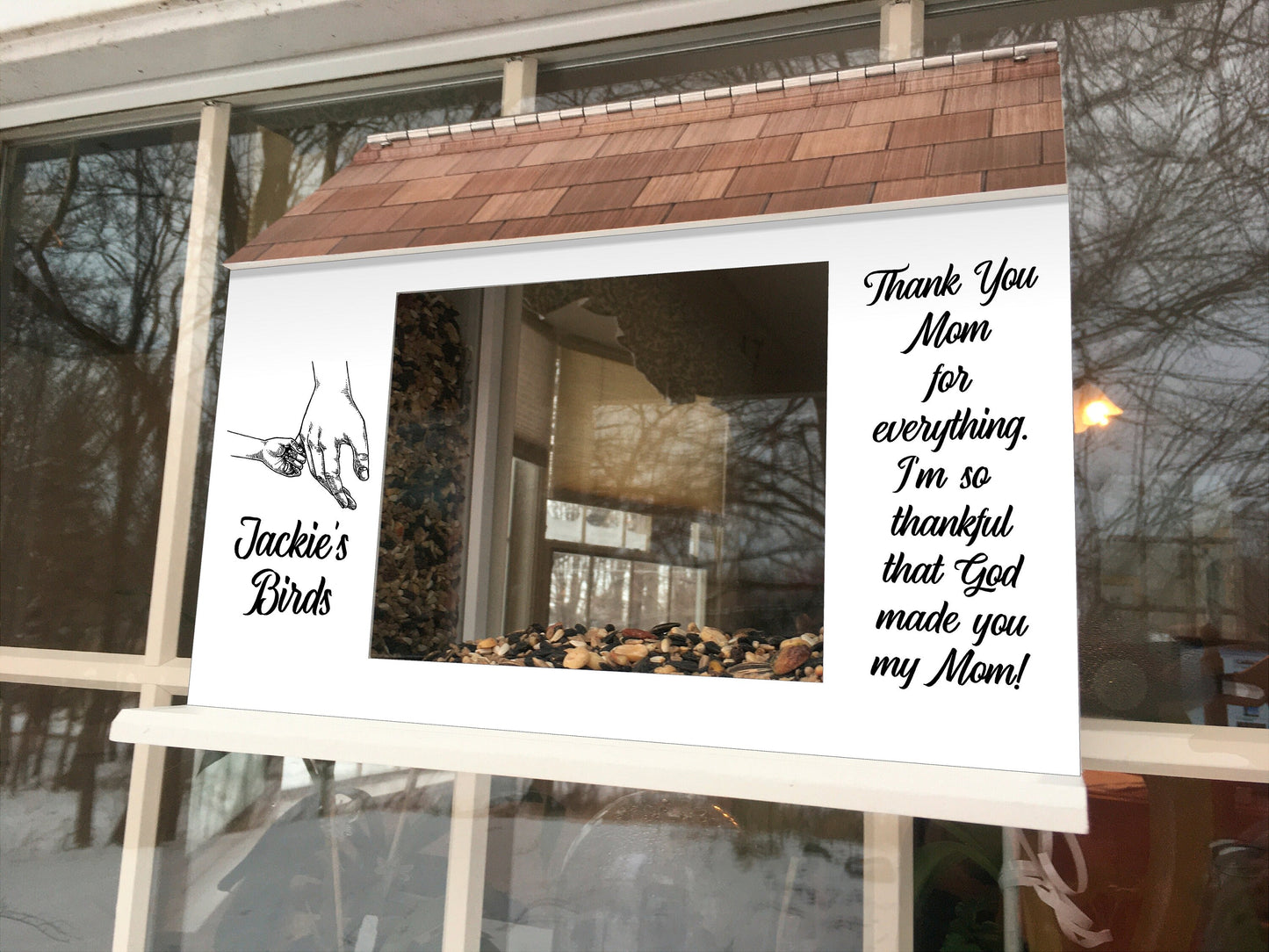 Mother's Day BIRD FEEDER, Personalized for Mom Mama, Window Mount View-Thru, w/Choice of phrase and graphic | Beautiful Long Lasting