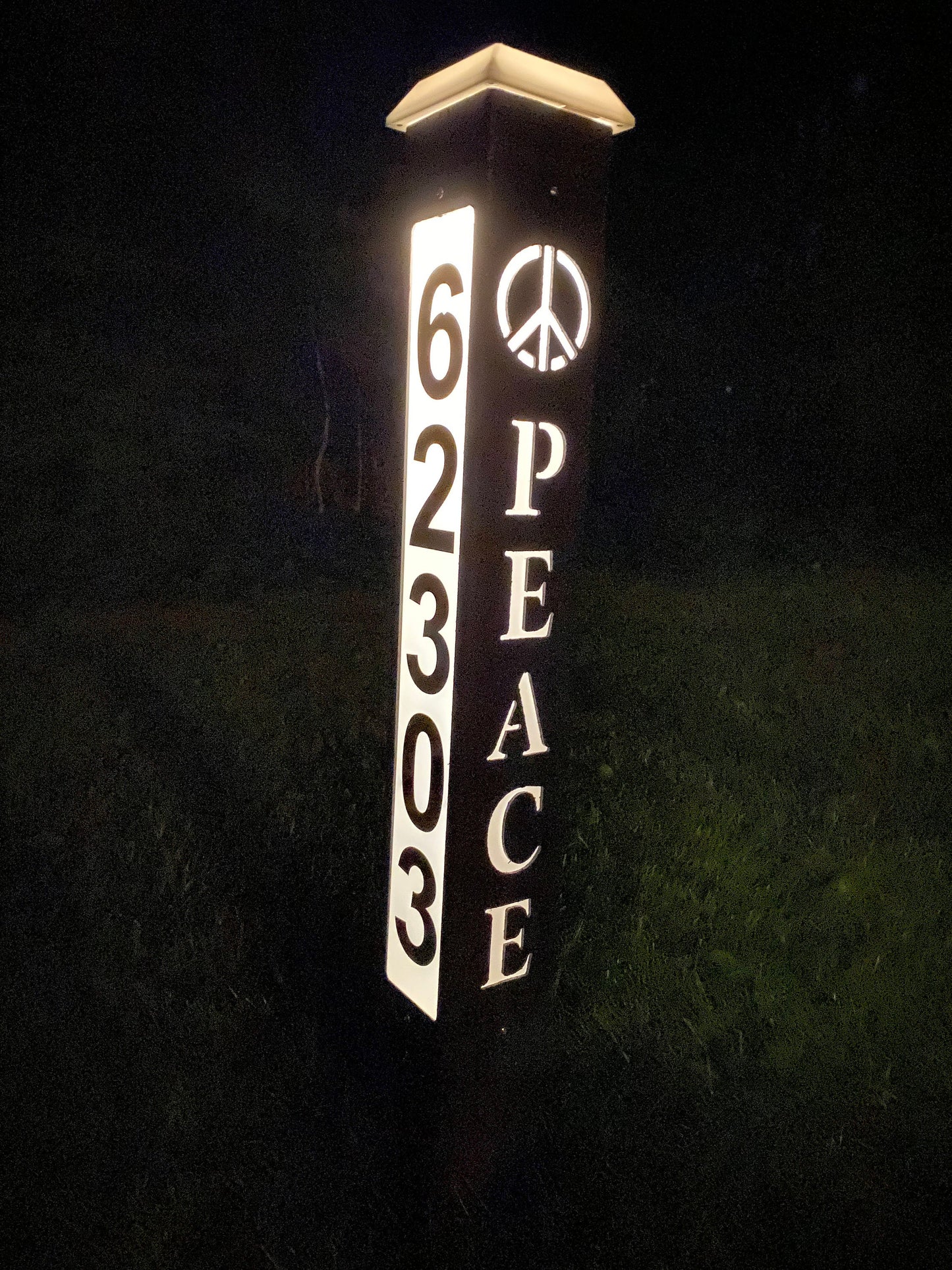 Solar Backlit ADDRESS NUMBER POST, with cutout Welcome, Family or Peace & Symbol, 9 Rich Texture Colors, 3 sided, 32 or 42" lasts years