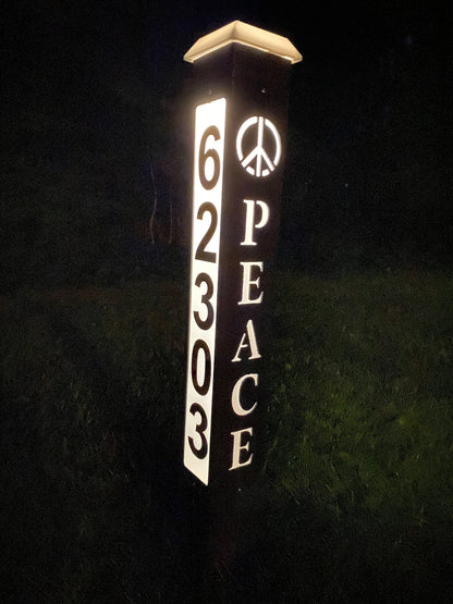 Solar Backlit ADDRESS NUMBER POST, with cutout Welcome, Family or Peace & Symbol, 9 Rich Texture Colors, 3 sided, 32 or 42"  lasts years