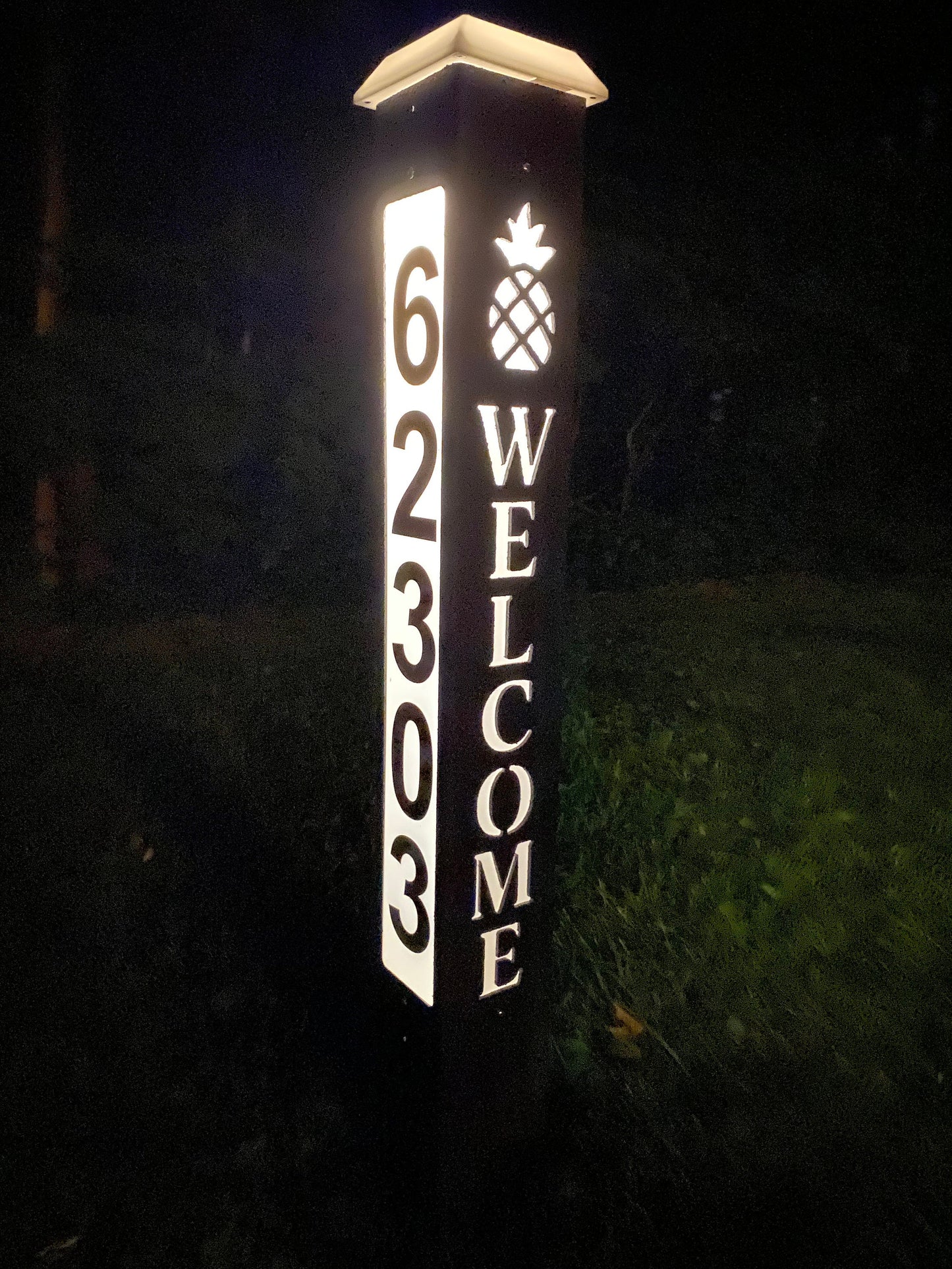 Solar Backlit ADDRESS NUMBER POST, with cutout Welcome, Family or Peace & Symbol, 9 Rich Texture Colors, 3 sided, 32 or 42" lasts years