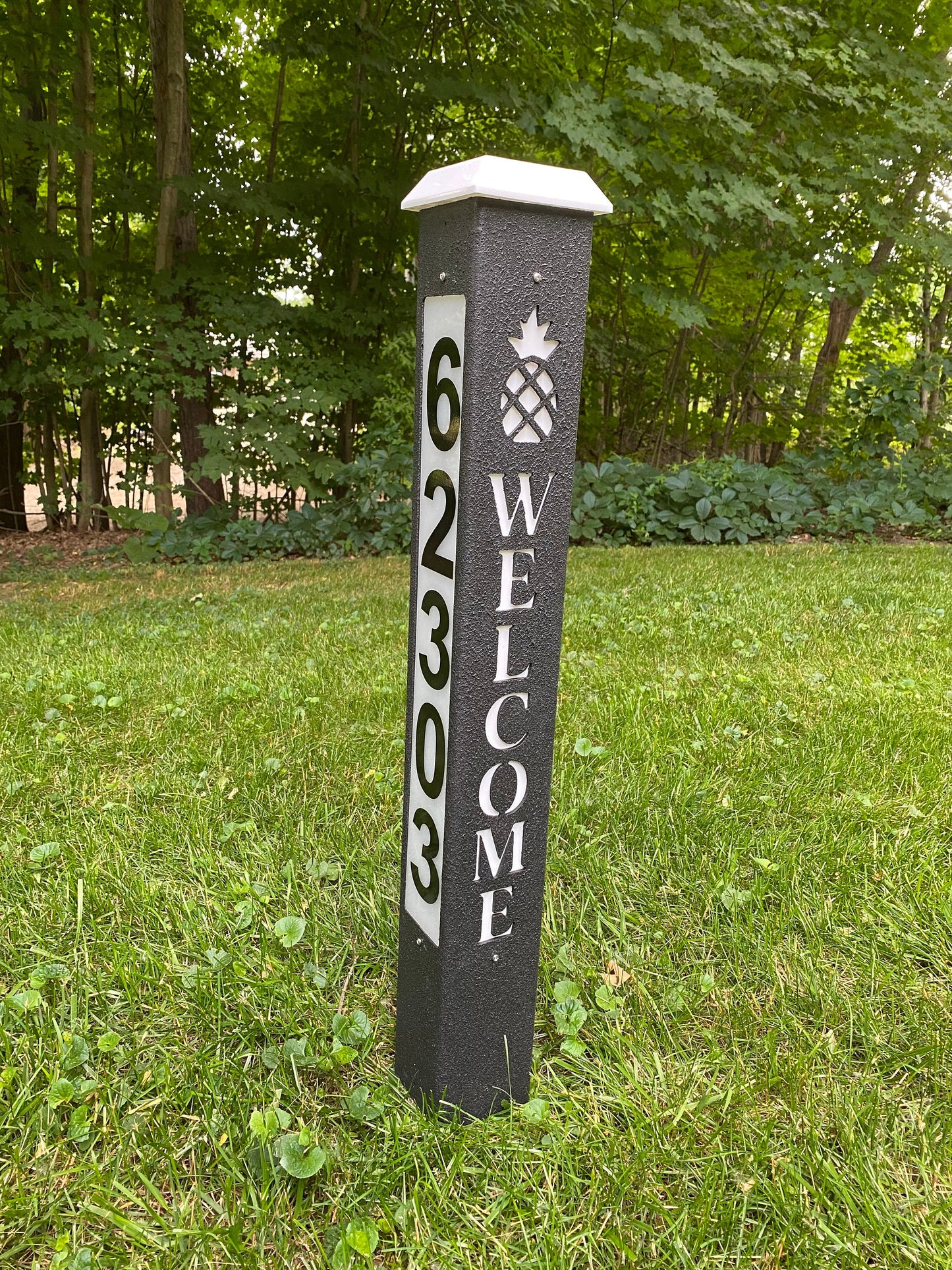 Solar Backlit ADDRESS NUMBER POST, with cutout Welcome, Family or Peace & Symbol, 9 Rich Texture Colors, 3 sided, 32 or 42" lasts years