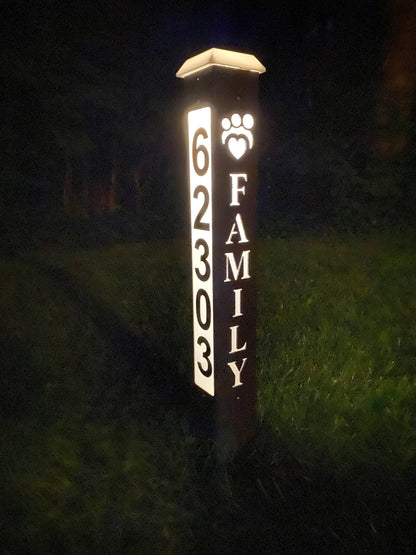 Solar Backlit ADDRESS NUMBER POST, with cutout Welcome, Family or Peace & Symbol, 9 Rich Texture Colors, 3 sided, 32 or 42"  lasts years